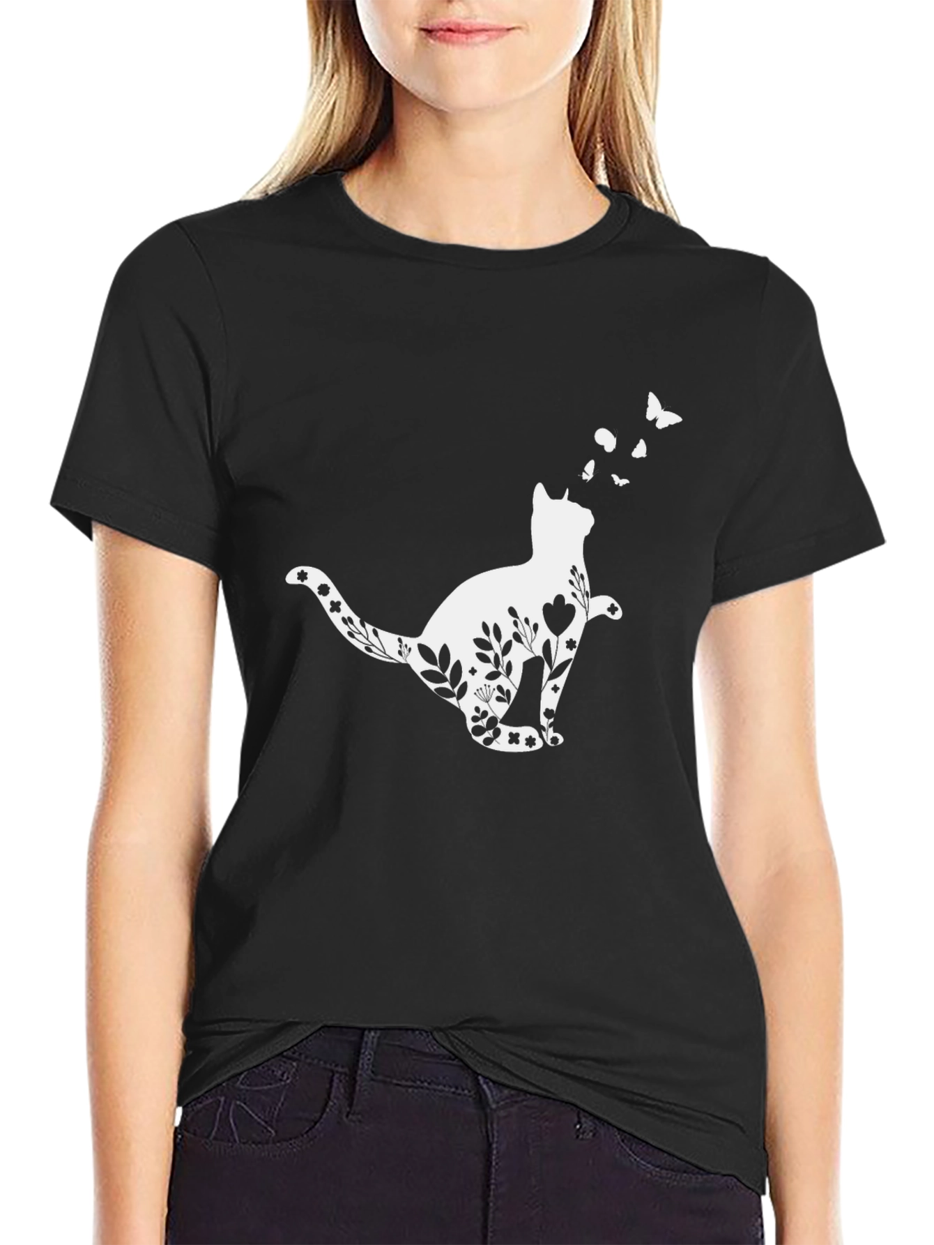 Black Floral Cat T-Shirt - Whimsical Black Tee view 2