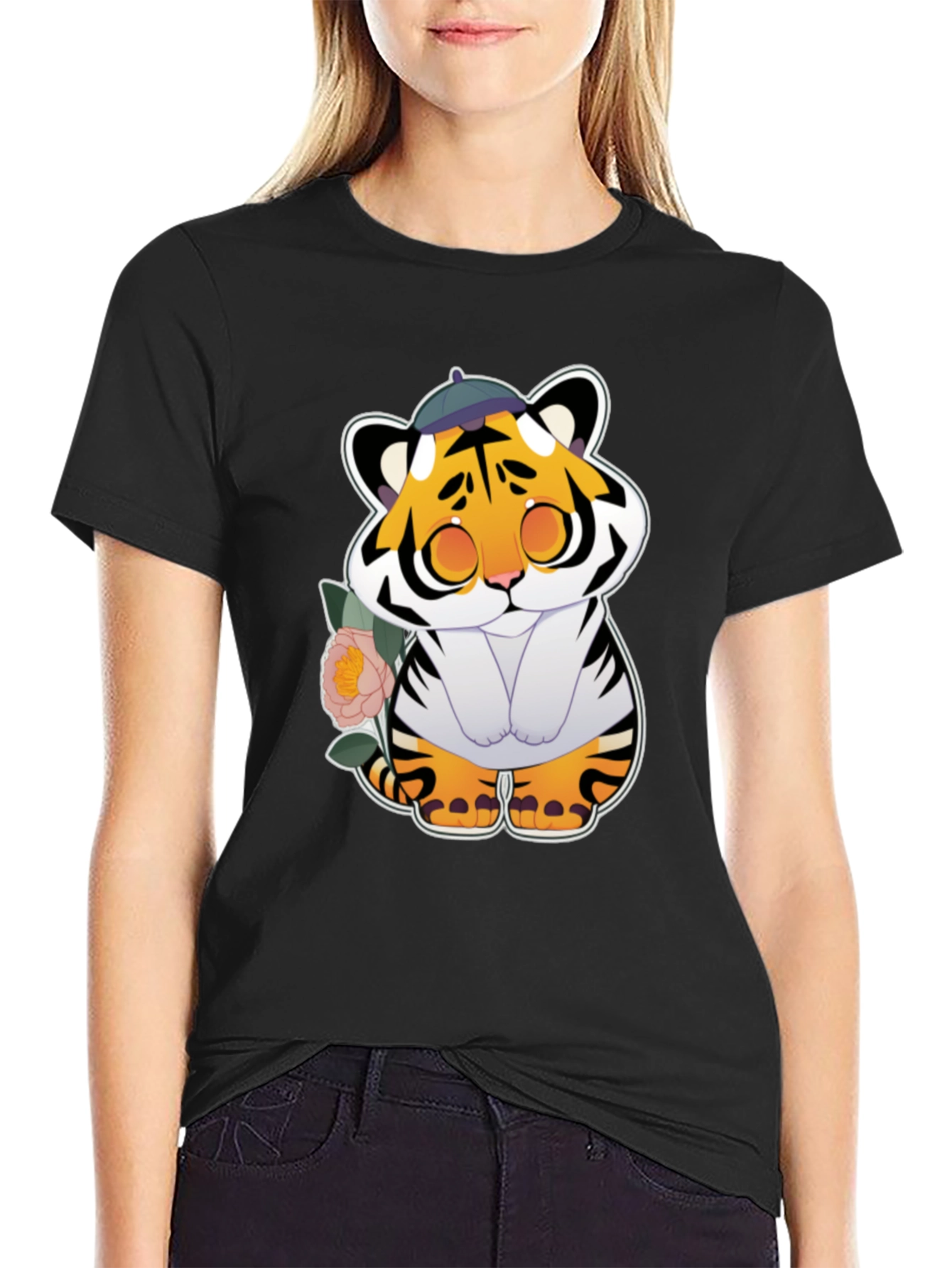Black Cute Tiger Graphic Tee - Unisex Black T-Shirt view 2