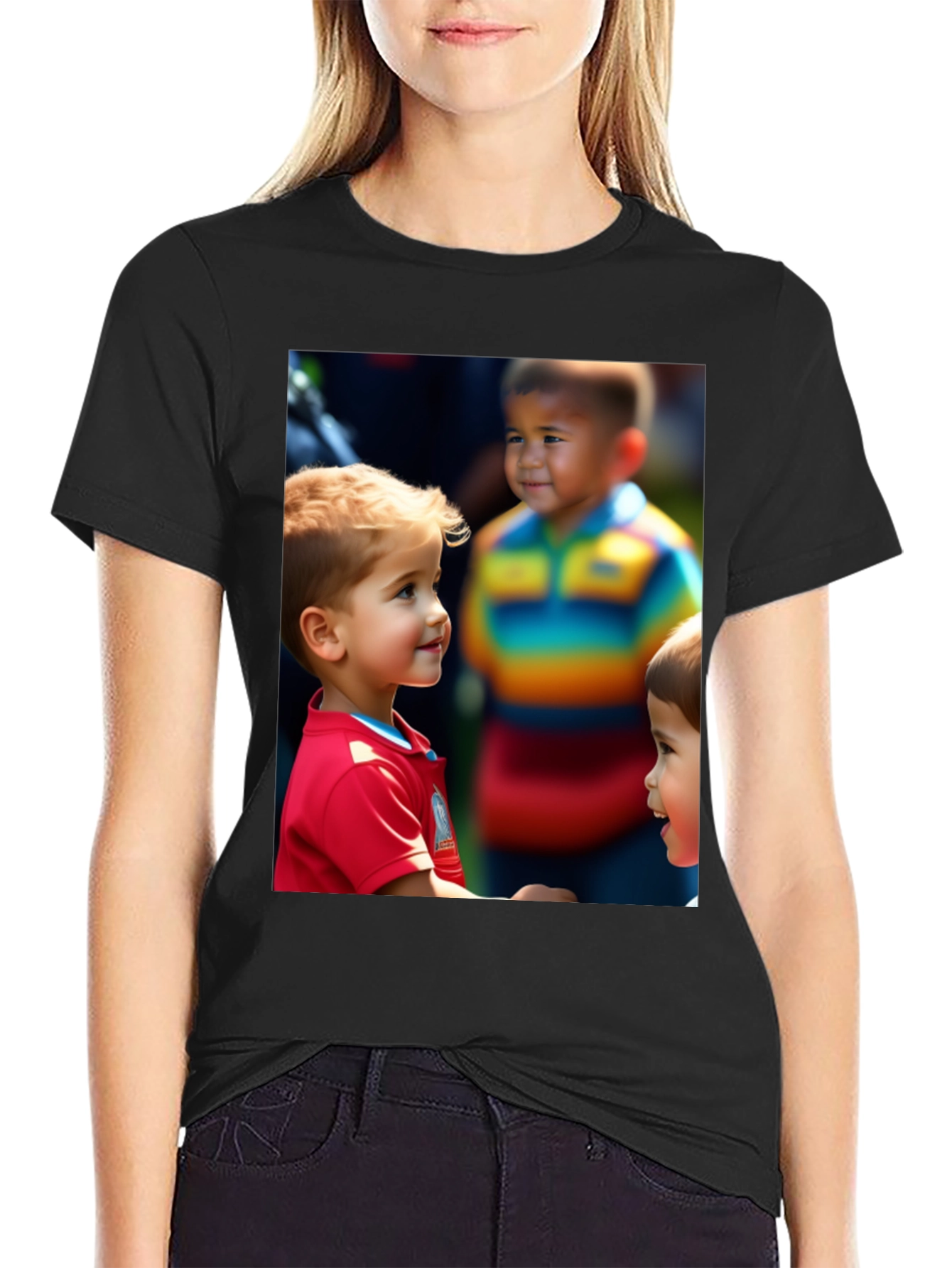 Black Unique T-Shirt with Adorable Children Print view 2