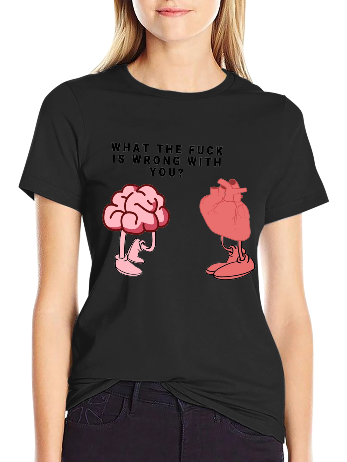 Black WTF Wrong With You Brain and Heart T-Shirt view 2