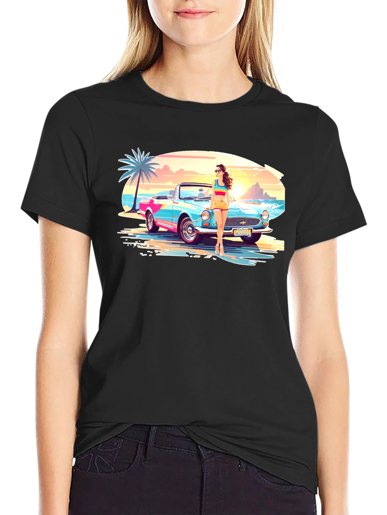Black Retro Beach Car T-Shirt - Vacation Style view 2
