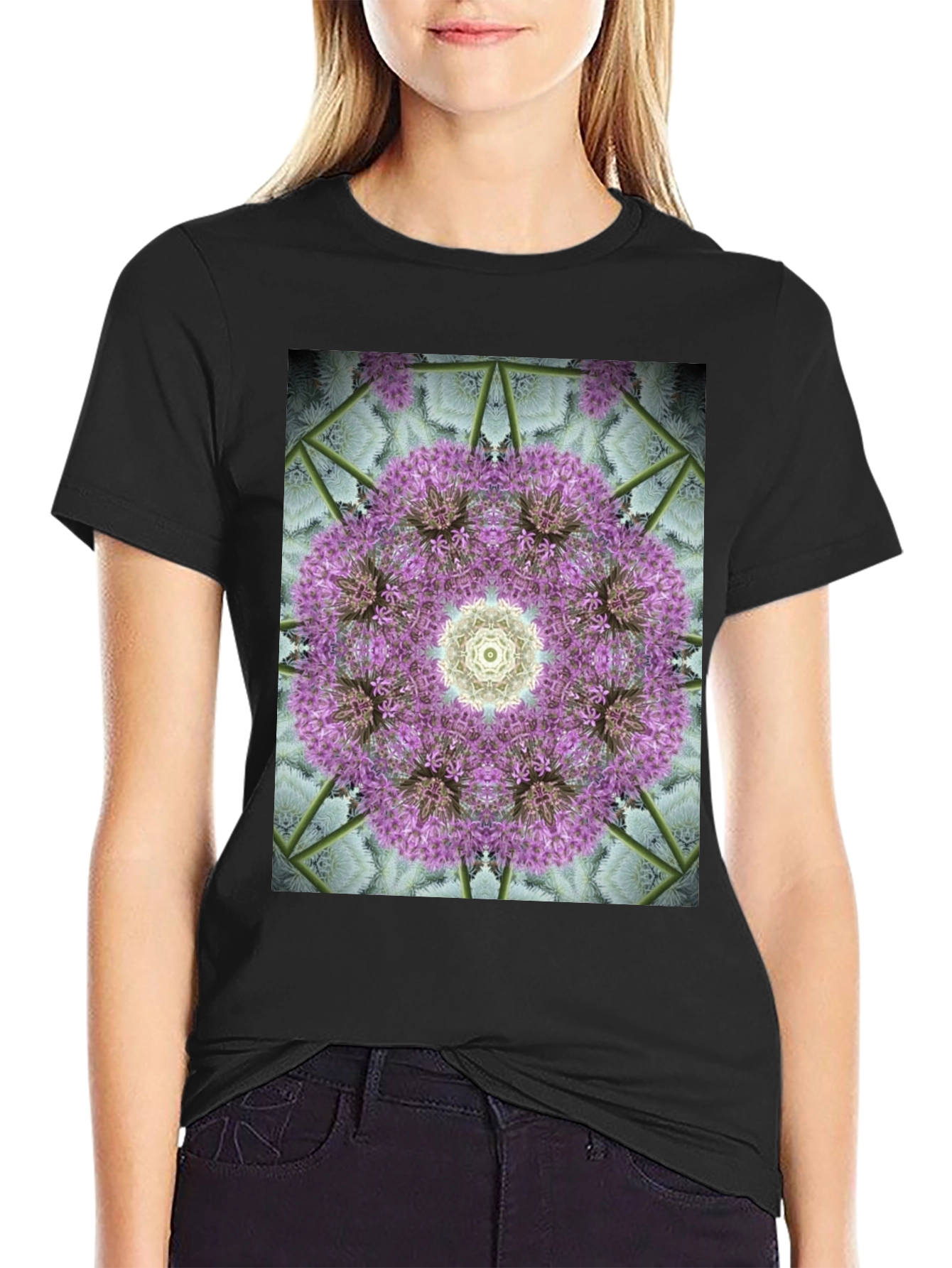 Black Floral Mandala Graphic Black T-Shirt view 2
