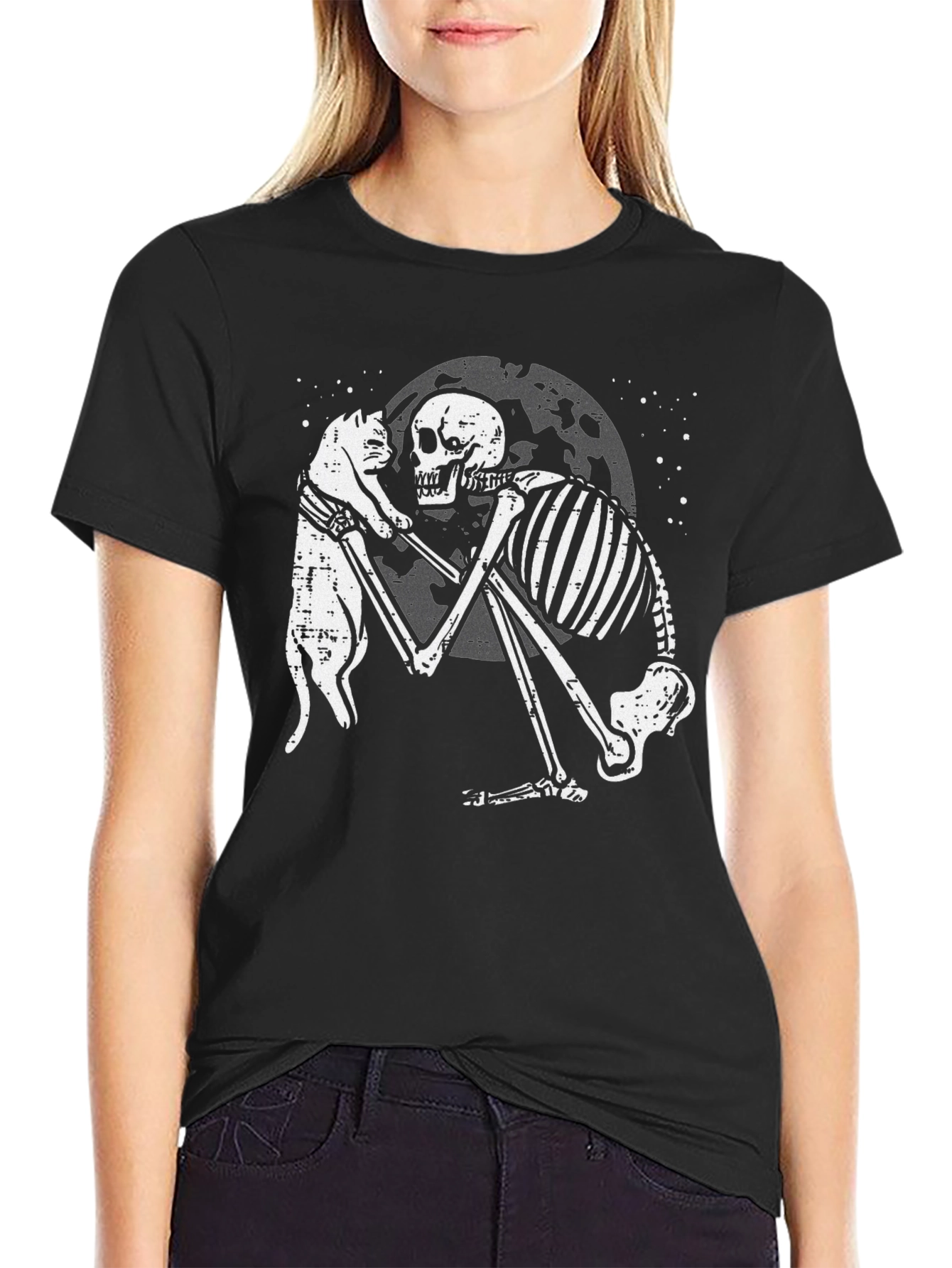 Black Skeleton and Cat Graphic T-Shirt - Dark Humor Tee view 2