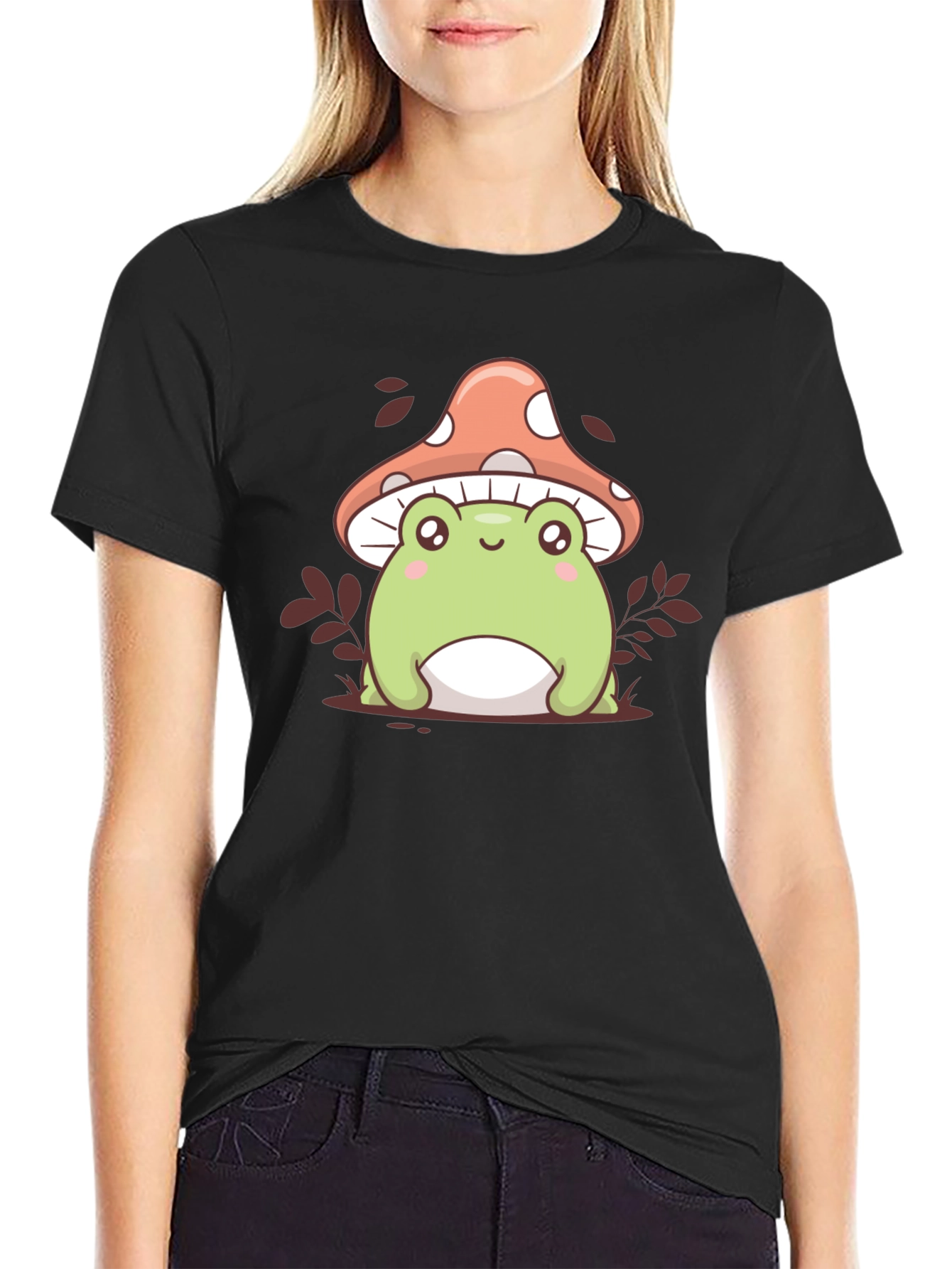 Black Cute Frog & Mushroom Graphic Tee view 2