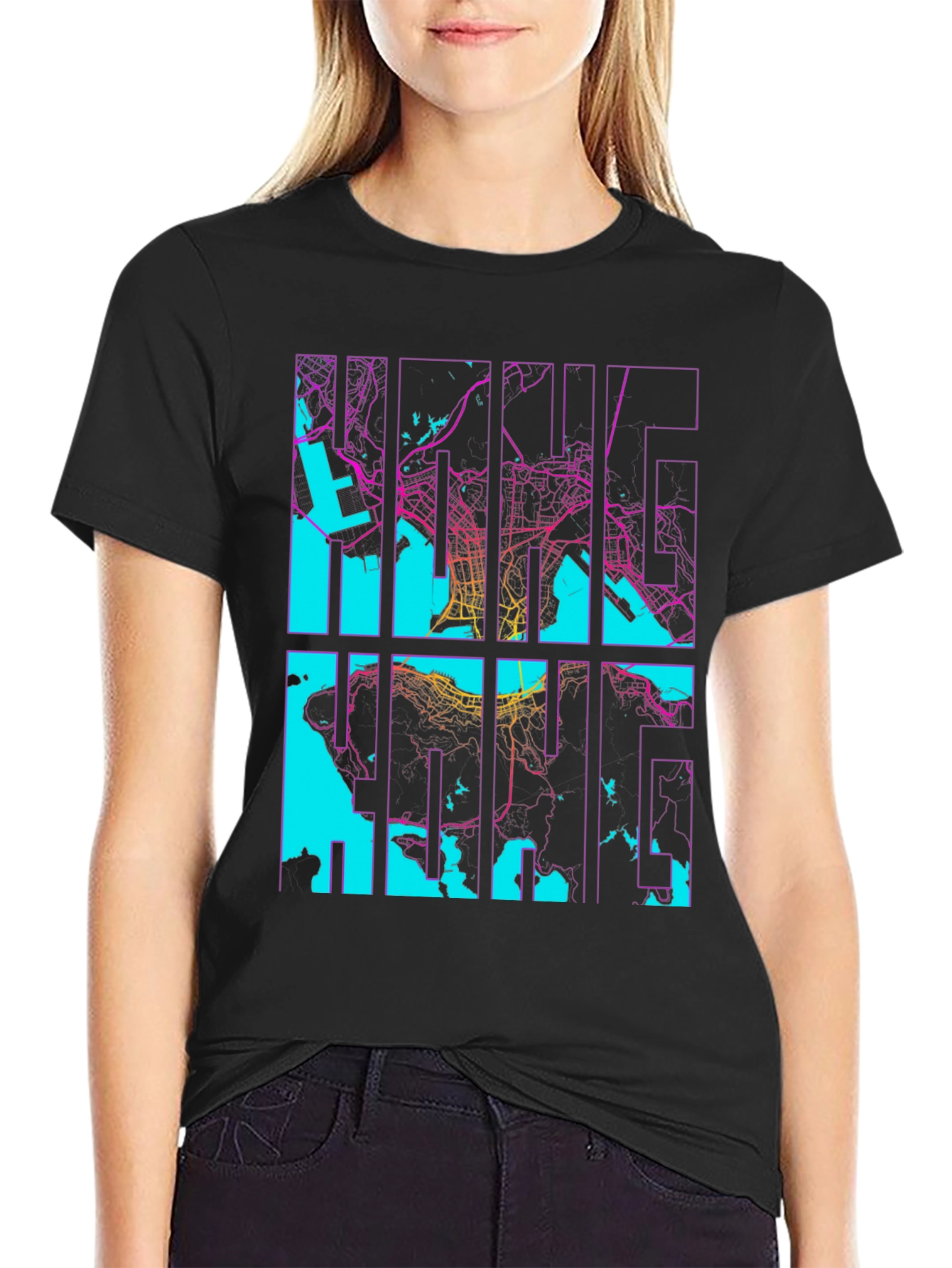 Black Hong Kong Map Graphic Tee - Stylish Cityscape T-Shirt view 2