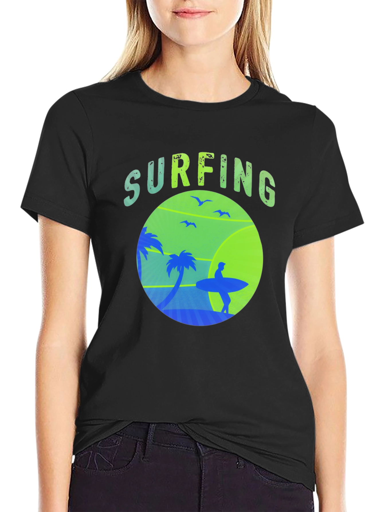 Black Surfing Graphic Tee - Black Crew Neck view 2