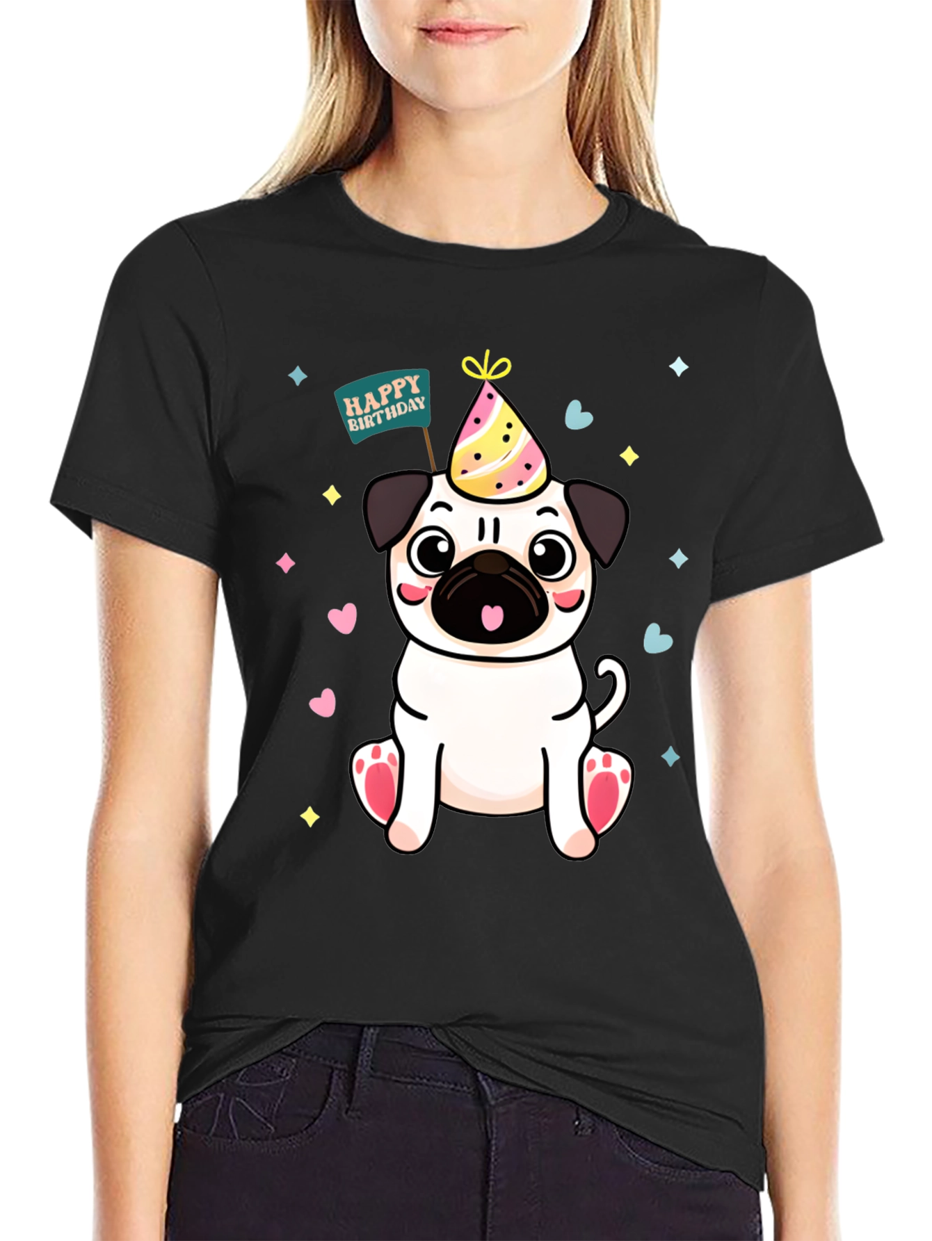 Black Cute Pug Birthday T-Shirt view 2