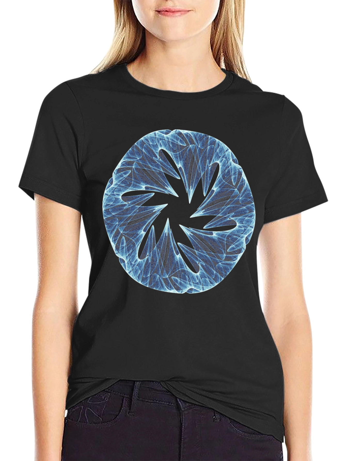 Black Abstract Blue Circular Design Black T-Shirt view 2
