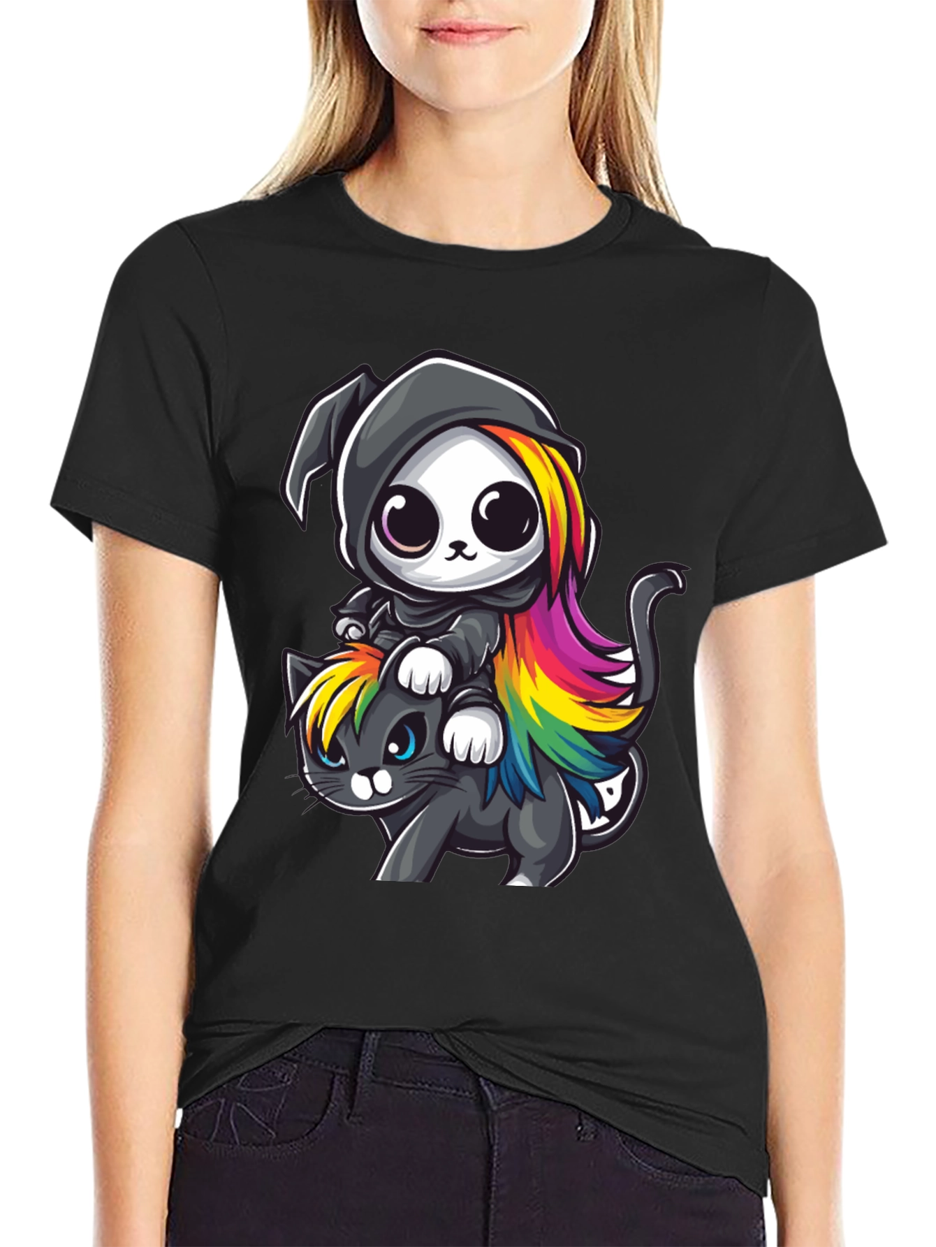 Black Cute Grim Reaper Cat Ride T-Shirt view 2