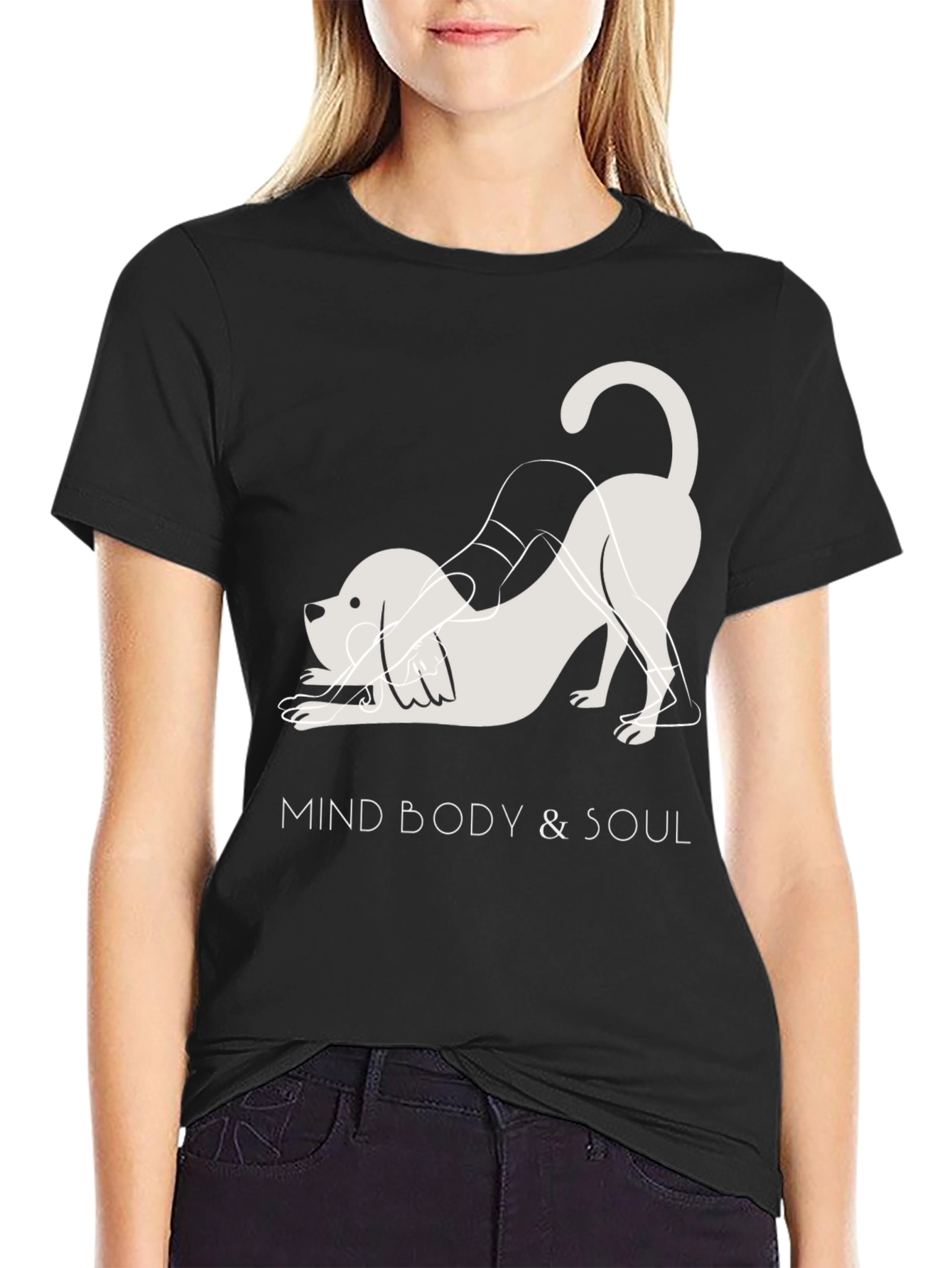 Black Mind Body & Soul Yoga Dog Black T-Shirt view 2