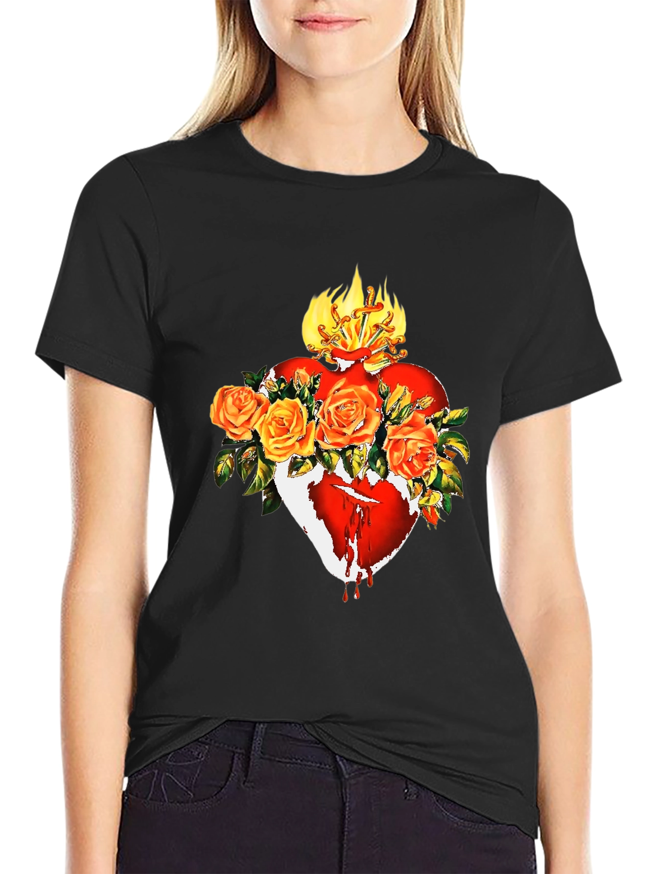 Black Sacred Heart Rose T-Shirt - Unique Graphic Tee view 2