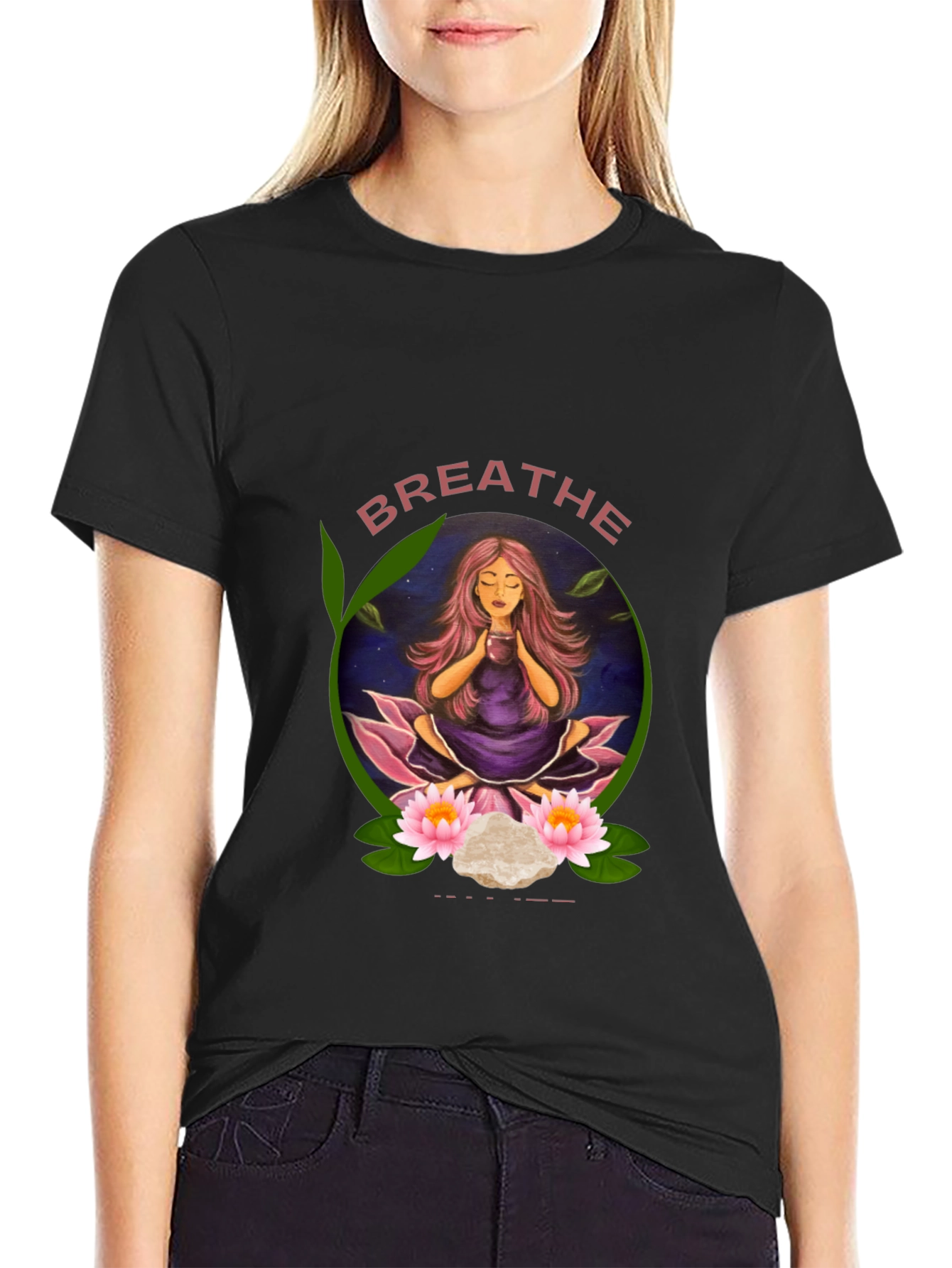 Black Breathe Yoga T-Shirt - Meditating Woman Design view 2