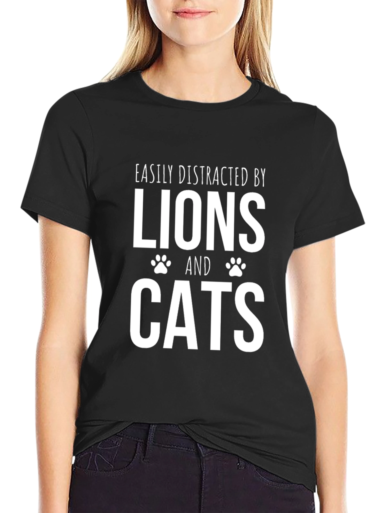 Black Easily Distracted By Lions & Cats Black T-Shirt view 2
