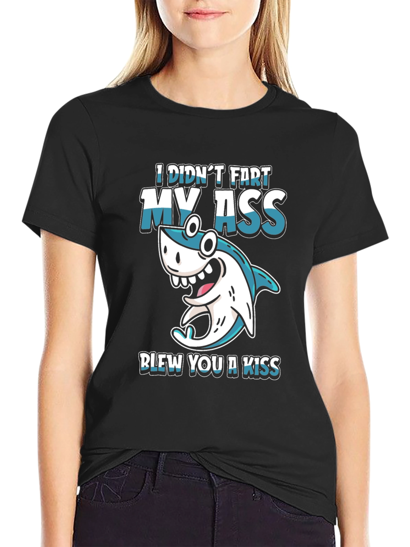 Black Funny Shark Fart Kiss T-Shirt - Humor Tee view 2