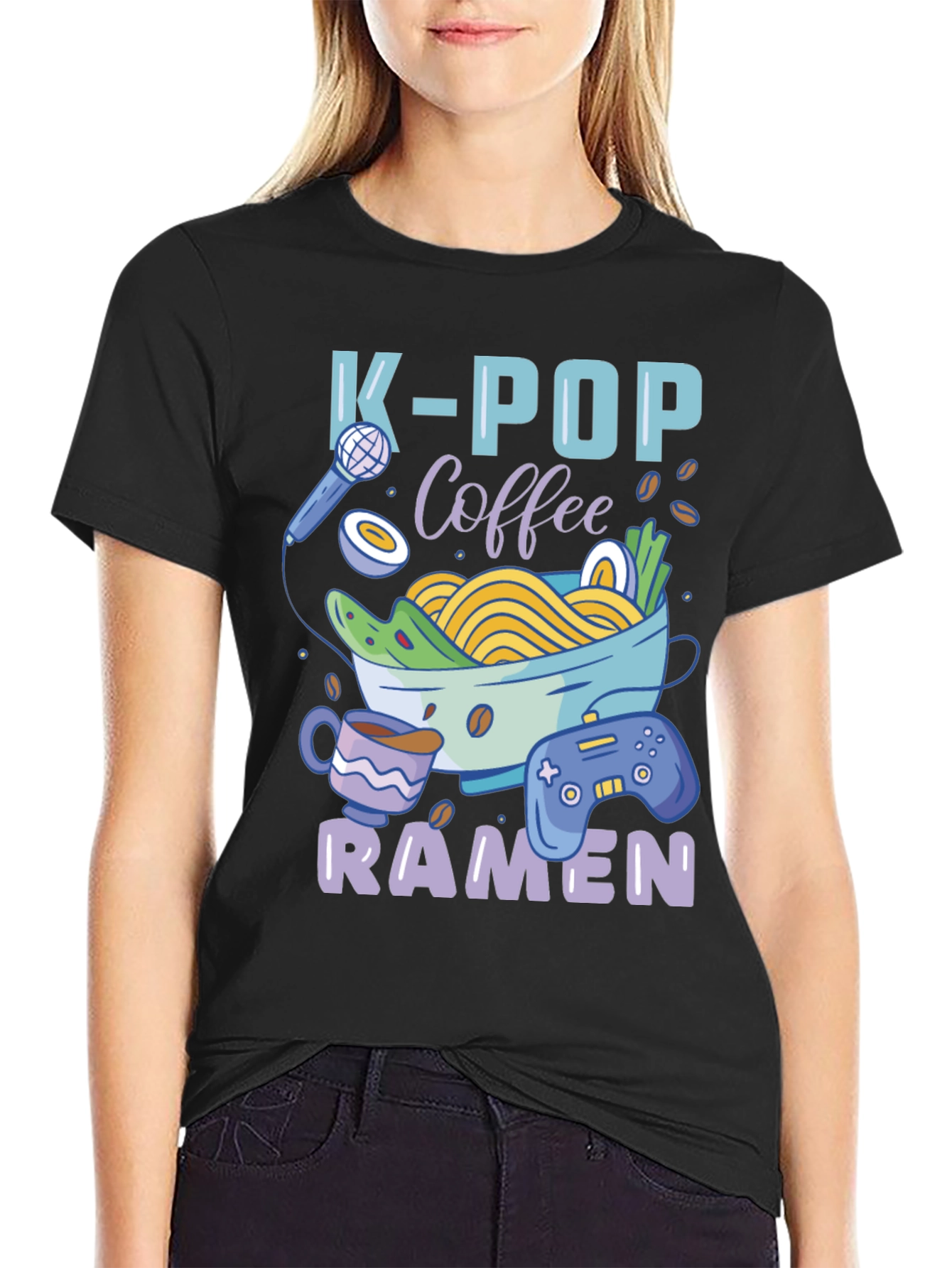 Black K-POP Coffee Ramen Gamer Graphic T-Shirt view 2