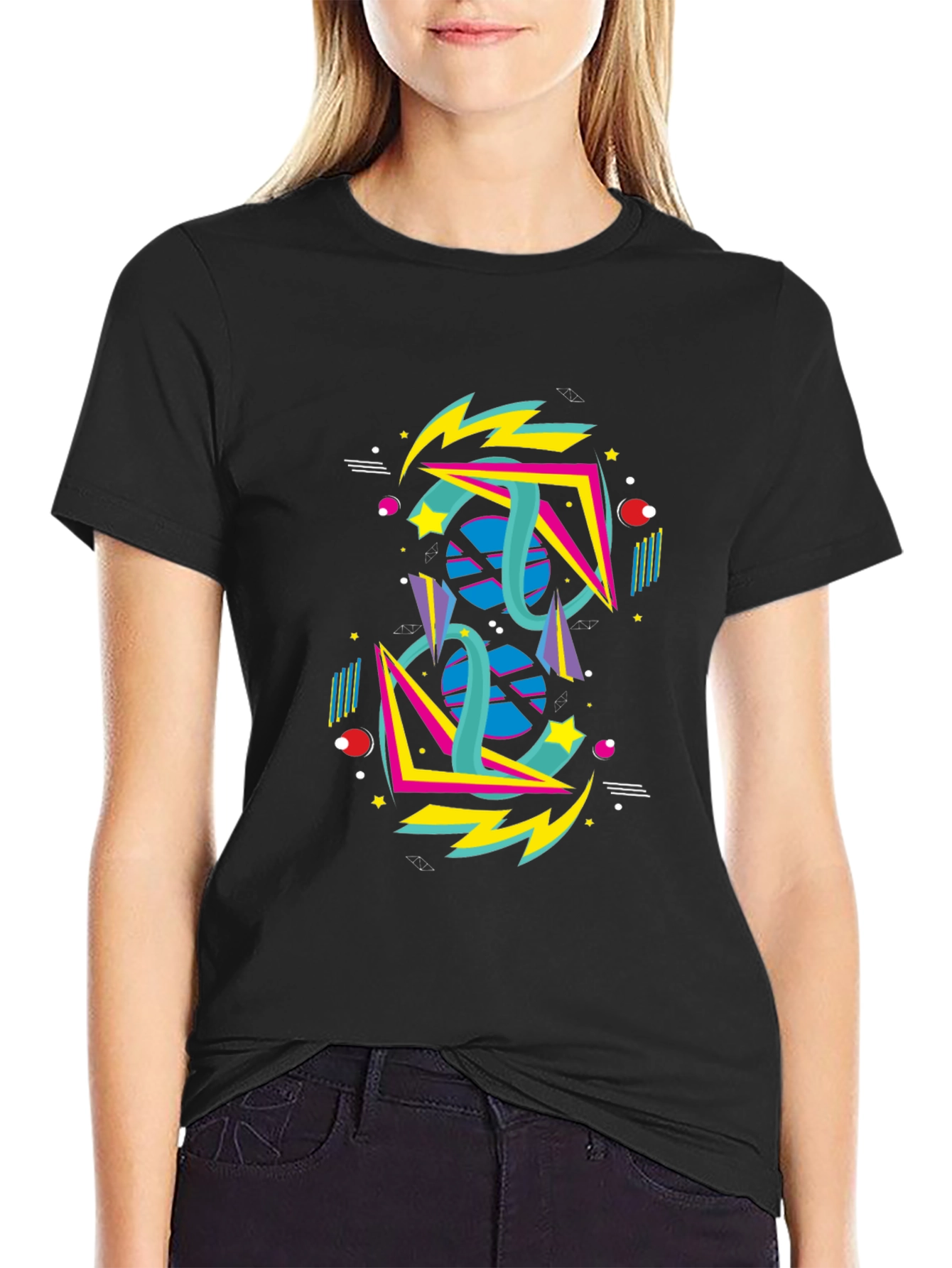 Black Retro 80s Geometric Graphic T-Shirt view 2