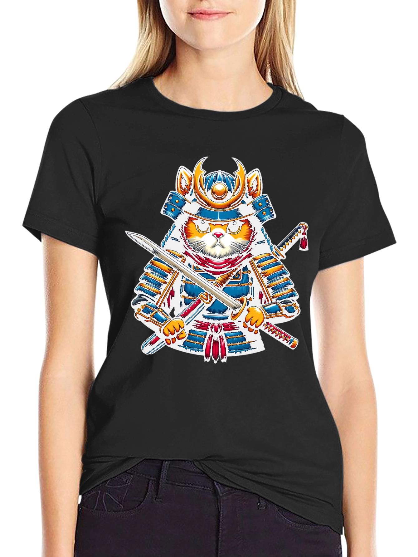 Black Samurai Cat T-Shirt - Warrior Kitten Graphic Tee view 2