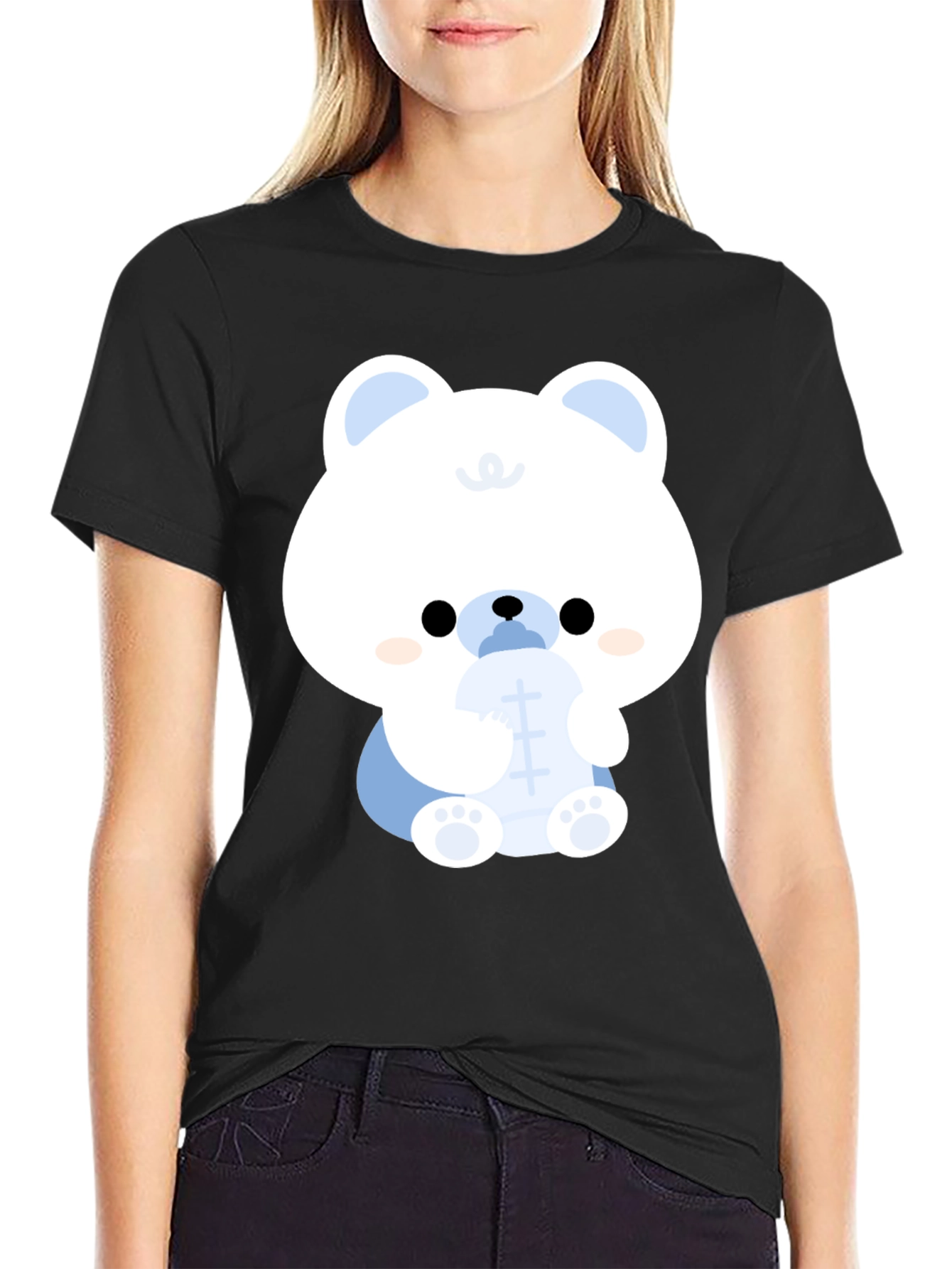 Black Cute Cartoon Bear Black T-Shirt view 2