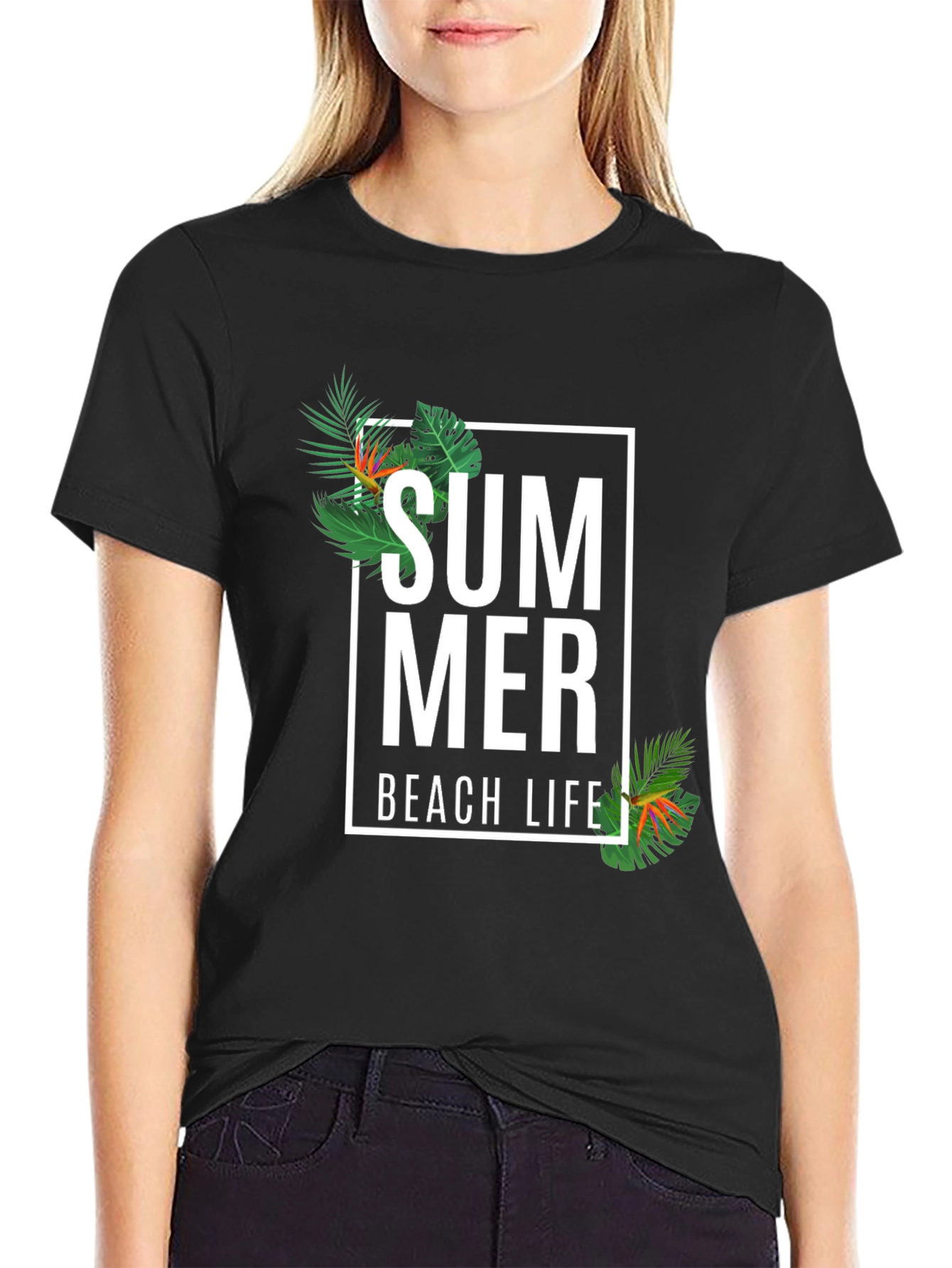 Black Summer Beach Life Graphic Tee - Black Casual T-Shirt view 2