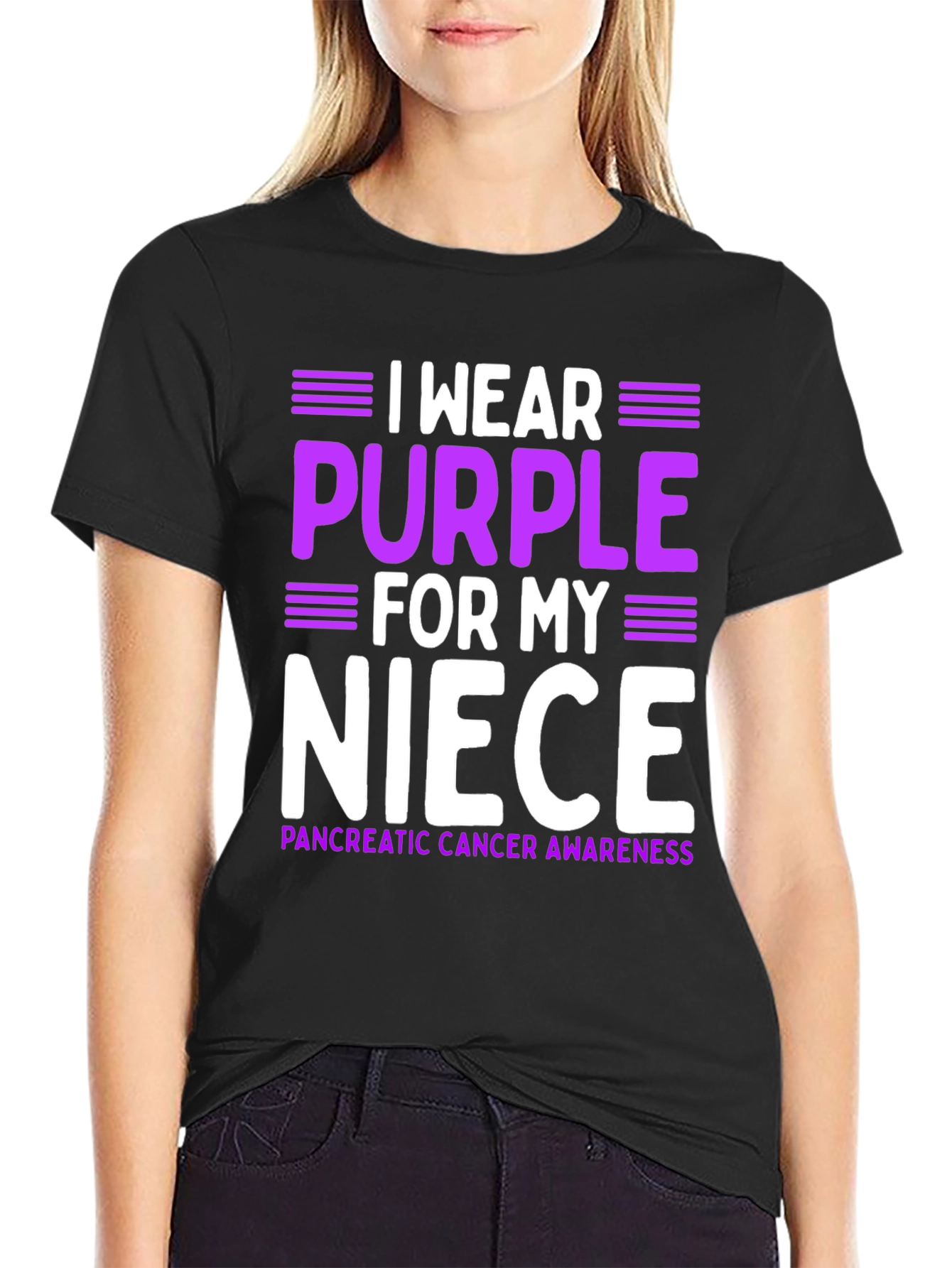 Black I Wear Purple For My Niece T-Shirt Pancreatic Cancer Awareness view 2