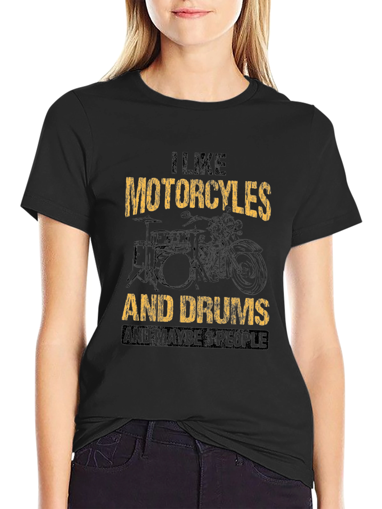 Black I Like Motorcycles, Drums, & Maybe 3 People T-Shirt view 2