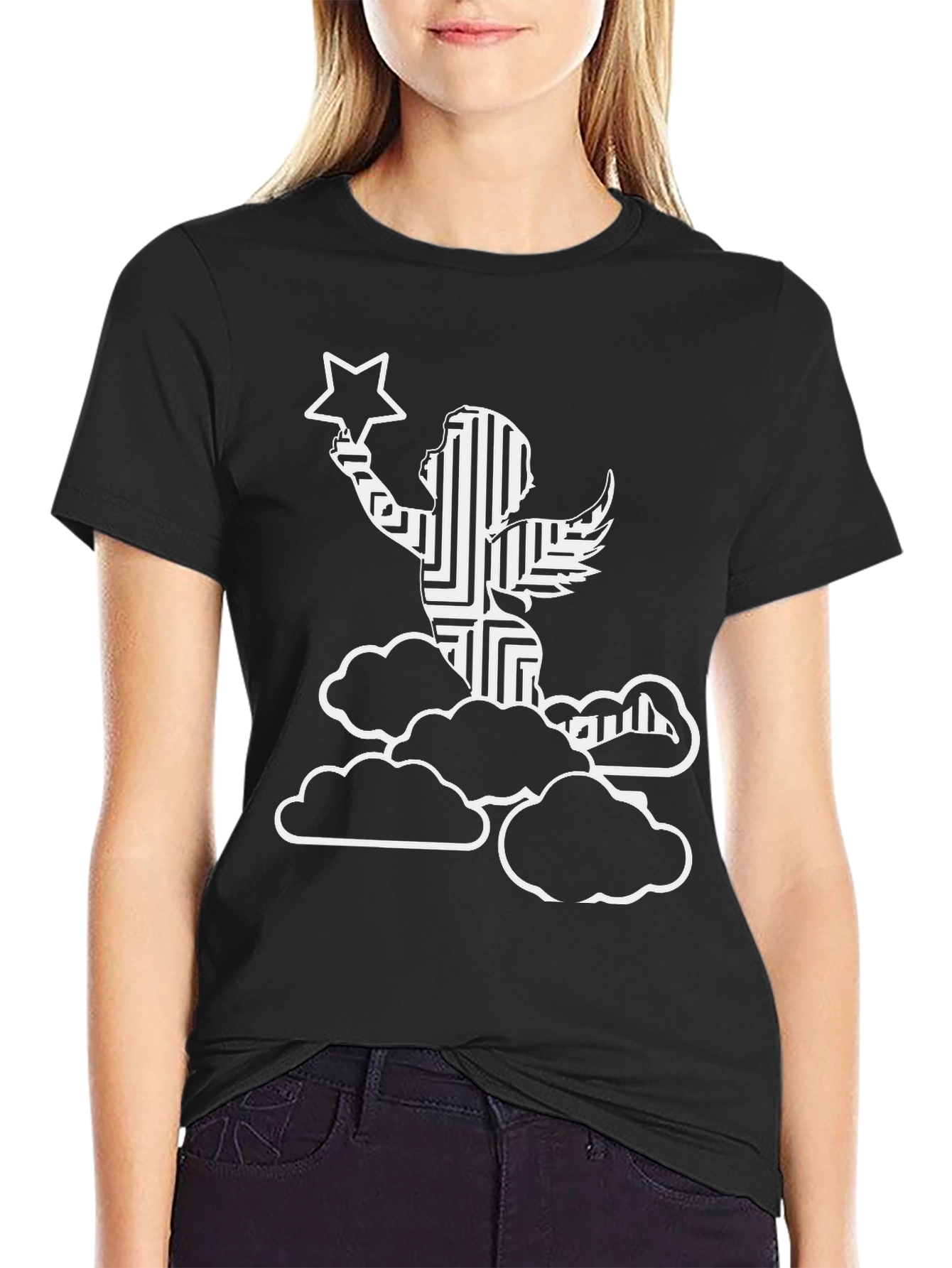 Black Angel & Stars Graphic Tee - Soft Black Cotton Blend view 2