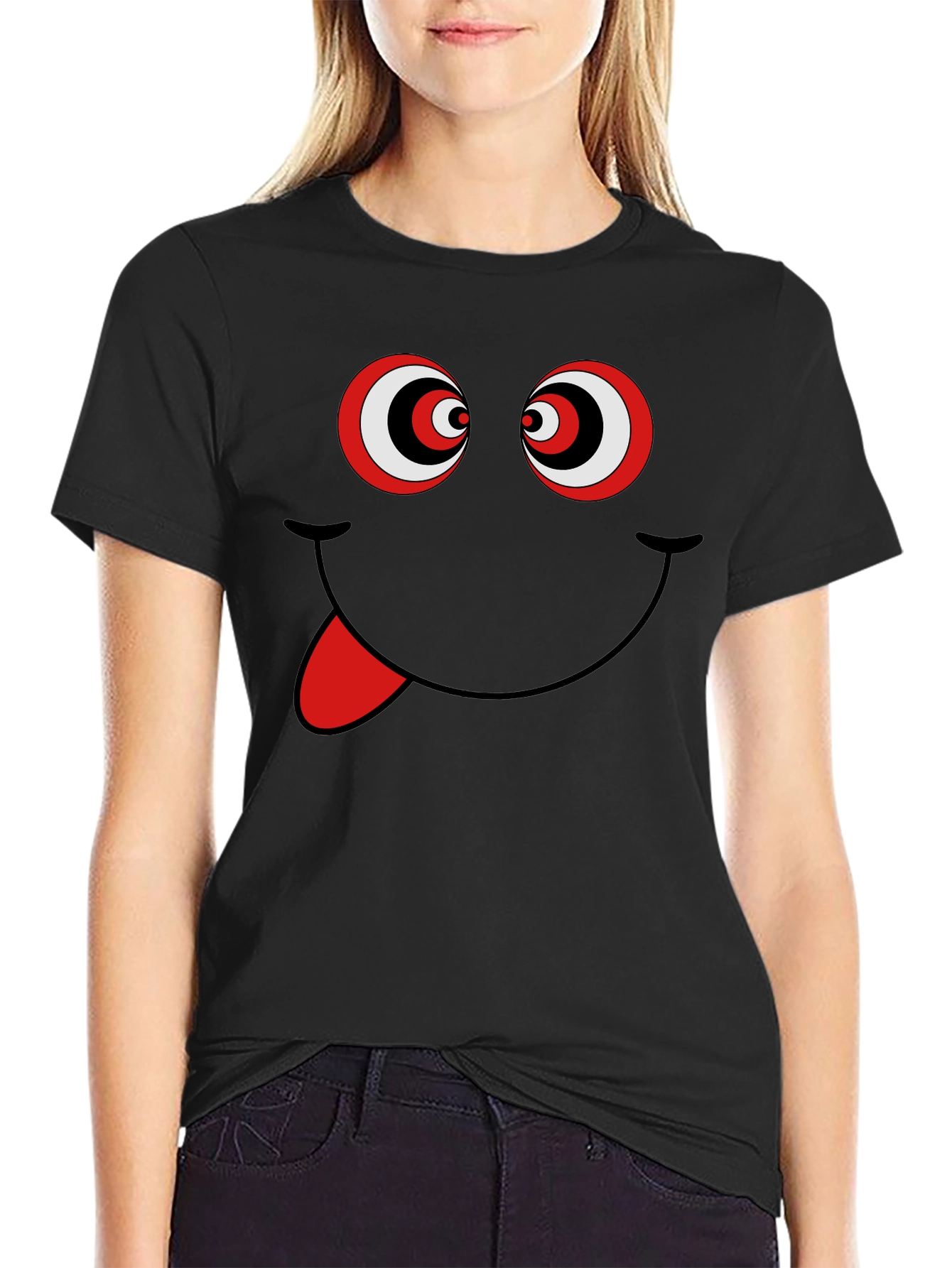 Black Funny Graphic Tee - Crazy Eyes Smiley Face T-Shirt view 2