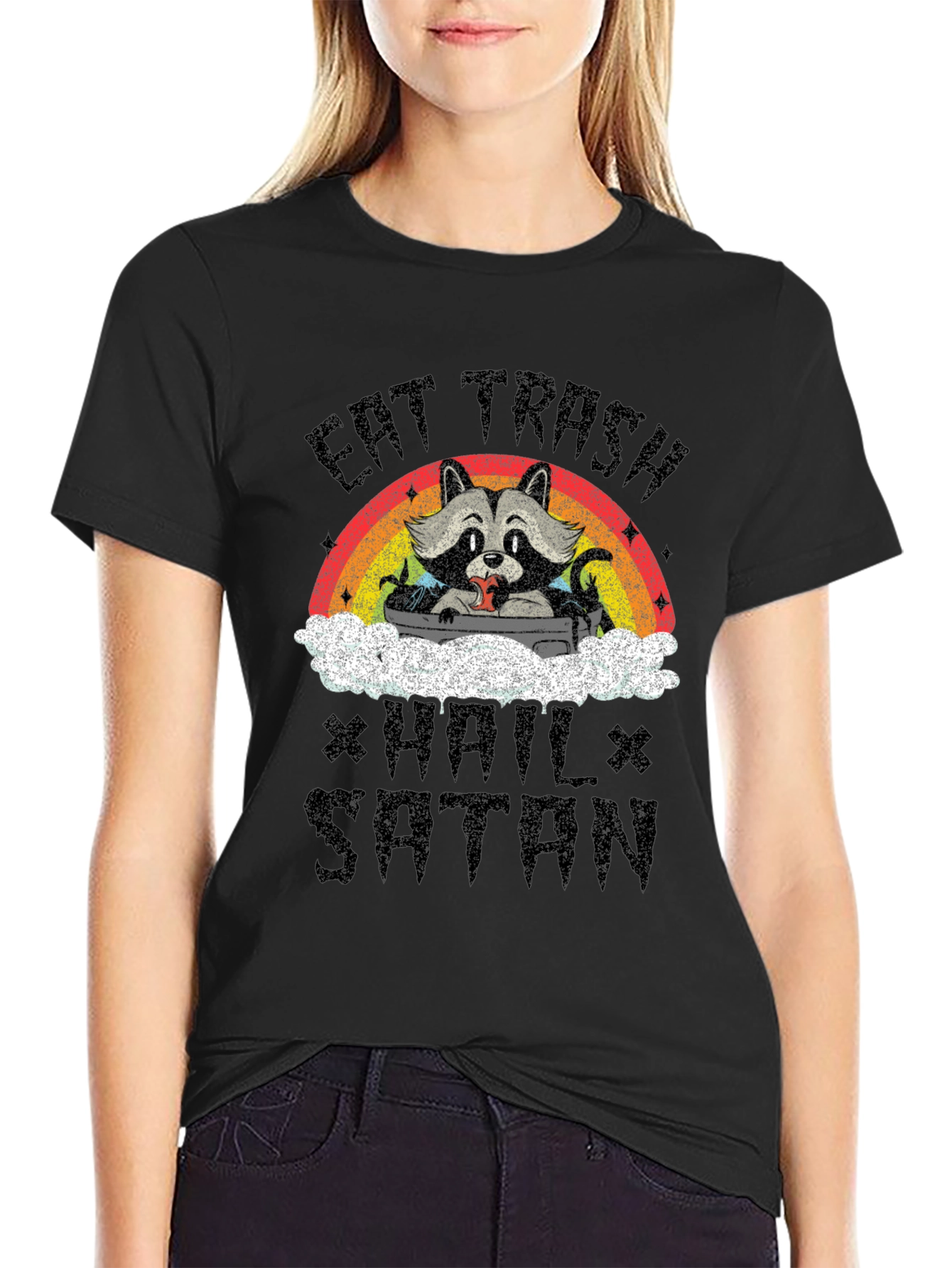 Black Eat Trash Hail Satan Funny Raccoon Graphic T-Shirt view 2