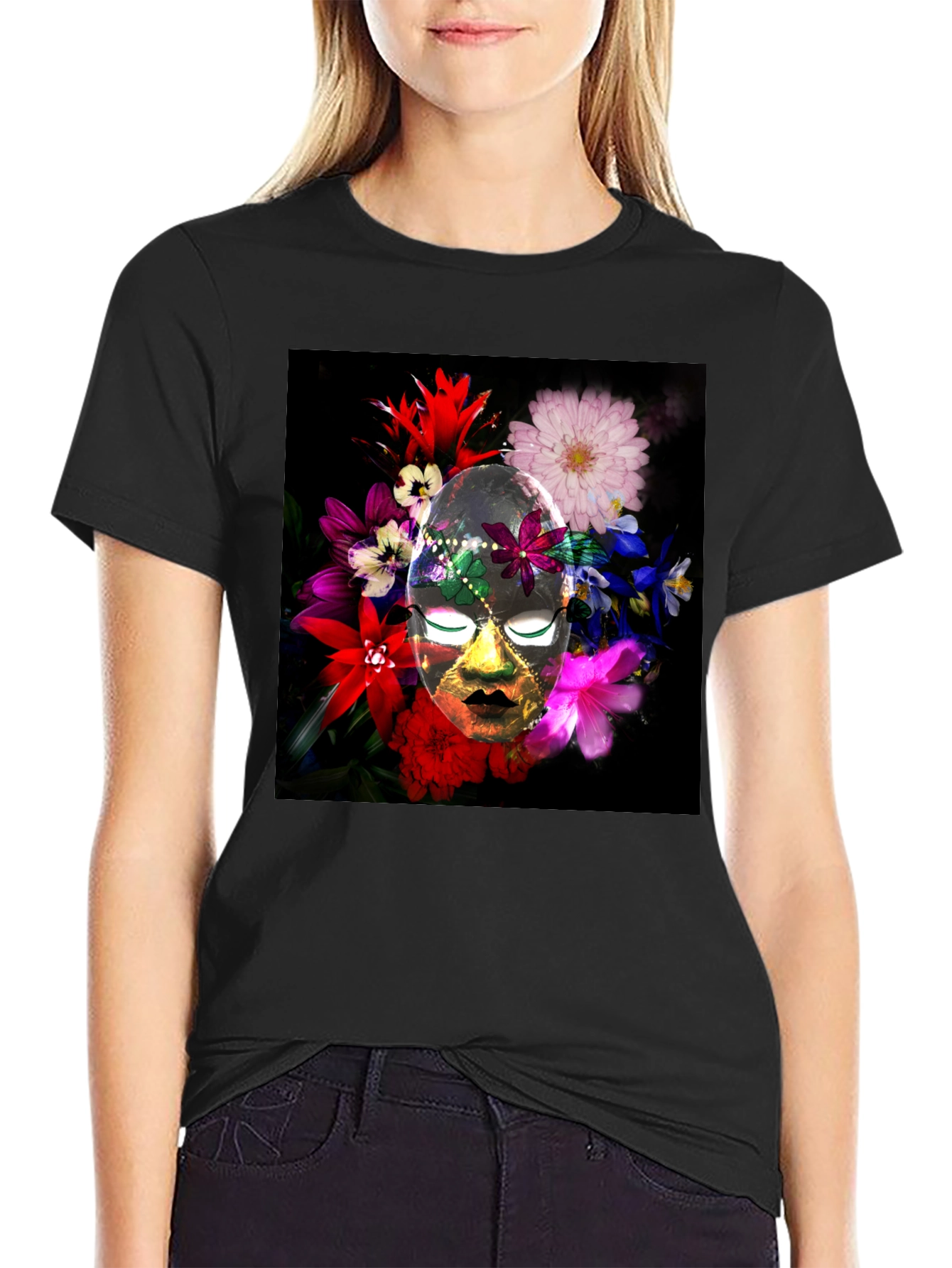 Black Floral Mask Graphic Tee - Black Cotton Blend view 2
