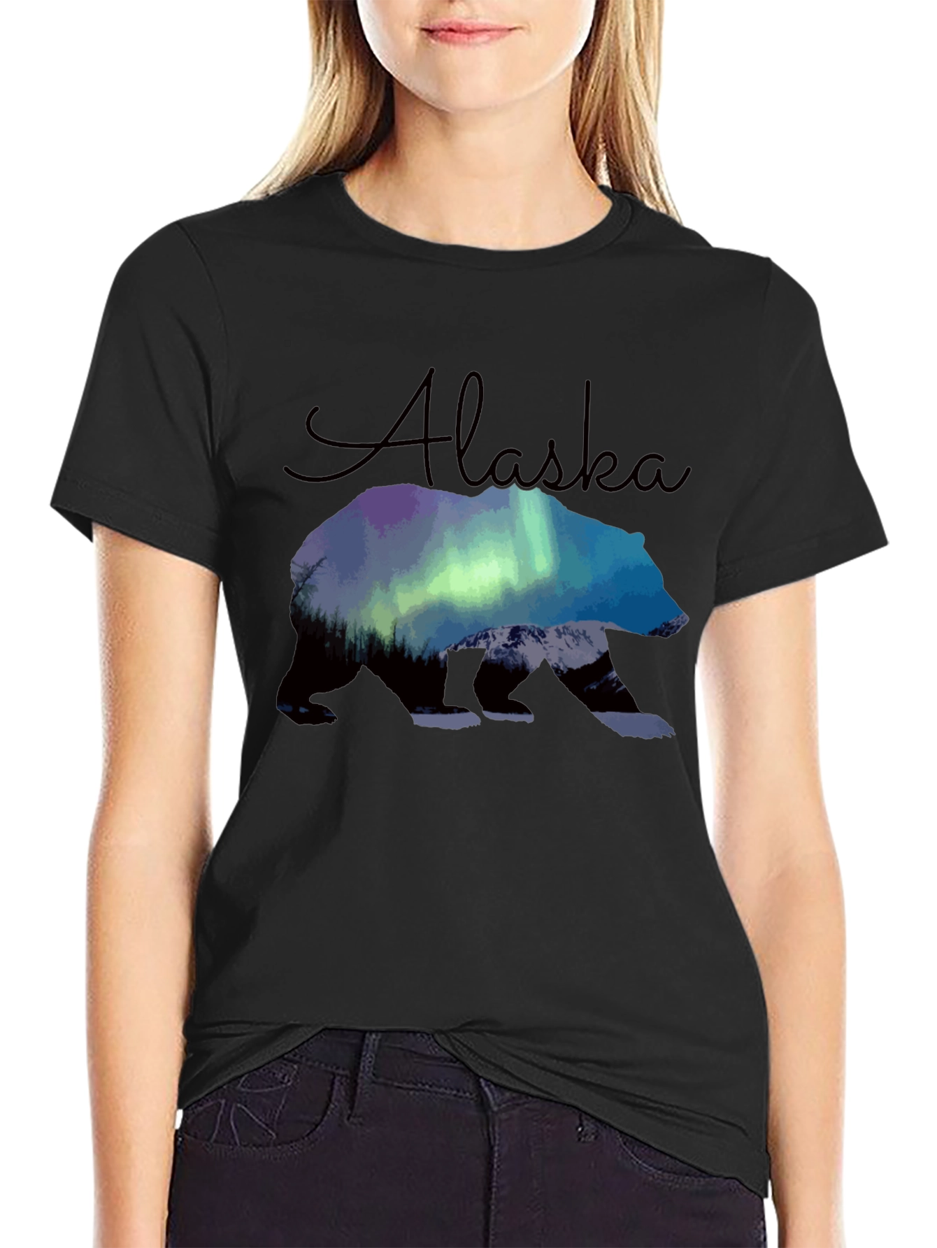 Black Alaska Bear Northern Lights Graphic T-Shirt view 2