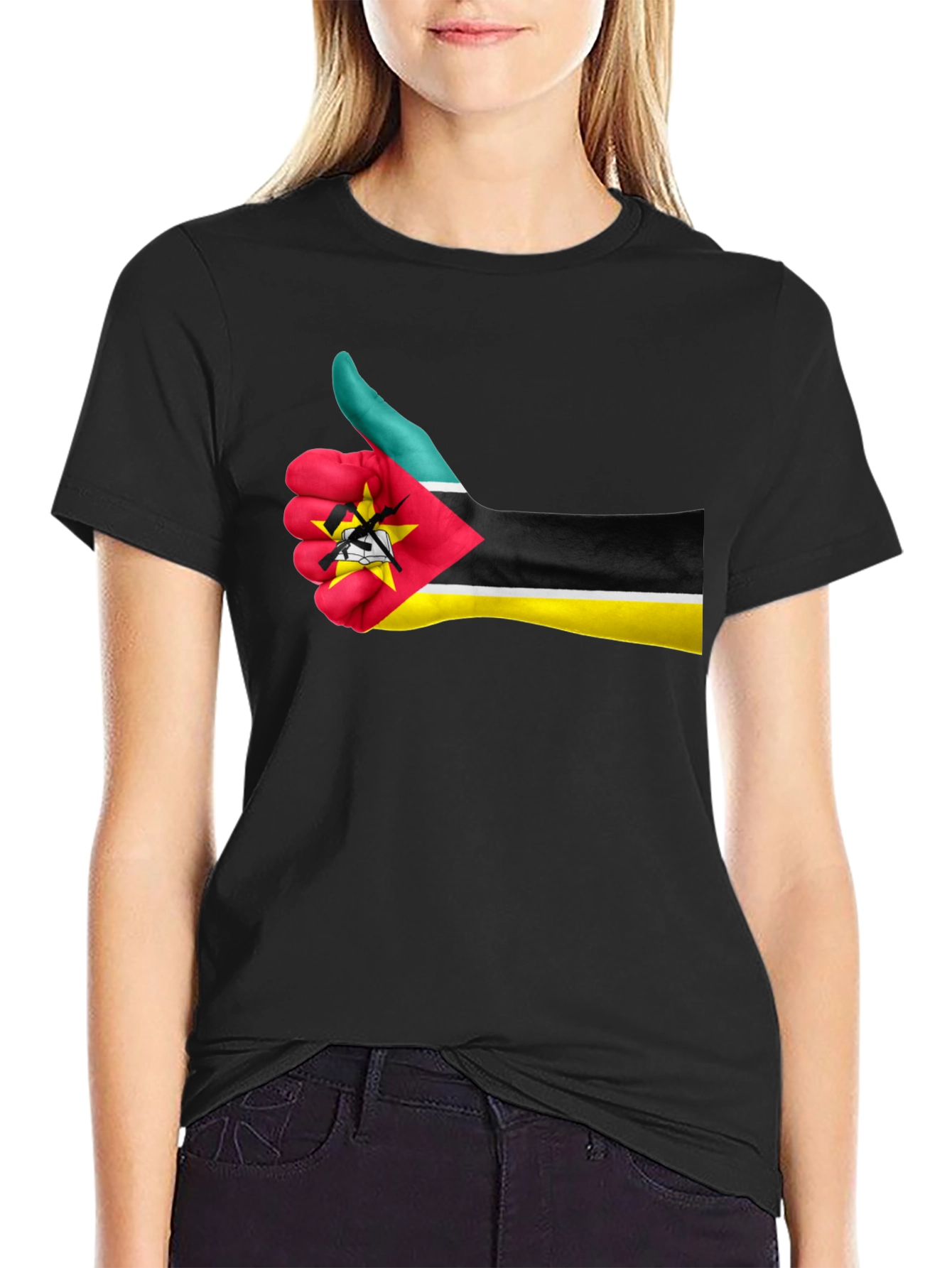 Black Mozambique Flag Thumb Up Graphic T-Shirt view 2