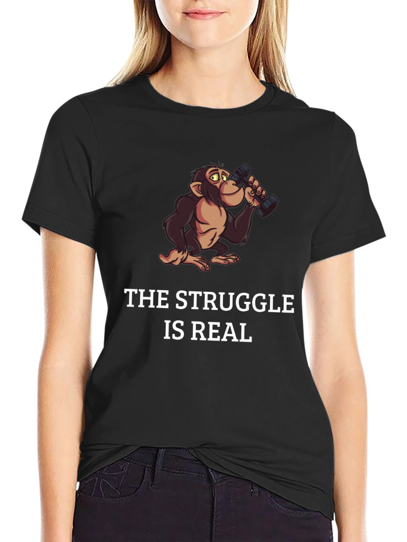 Black Funny Monkey The Struggle is Real Black T-Shirt view 2