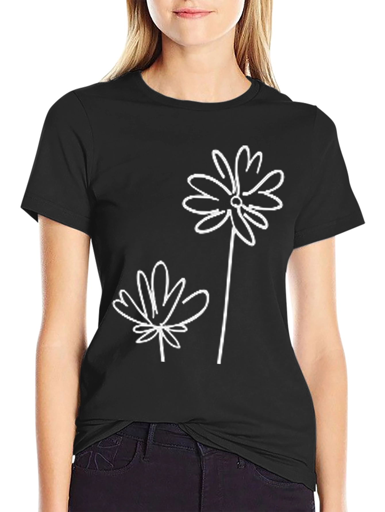 Black Modern Floral Graphic Black T-Shirt view 2