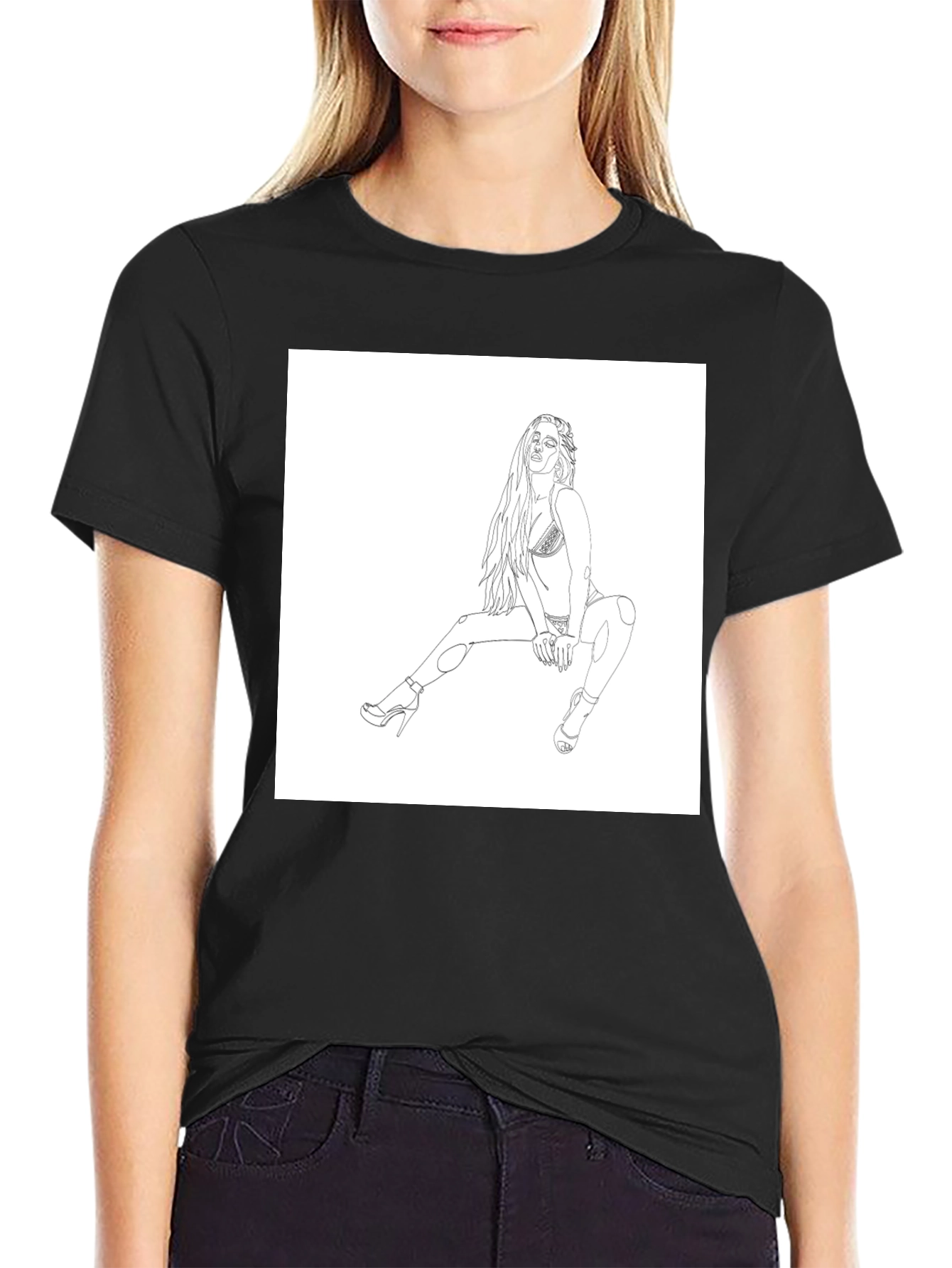 Black Black Graphic Tee - Woman Sketch Design view 2