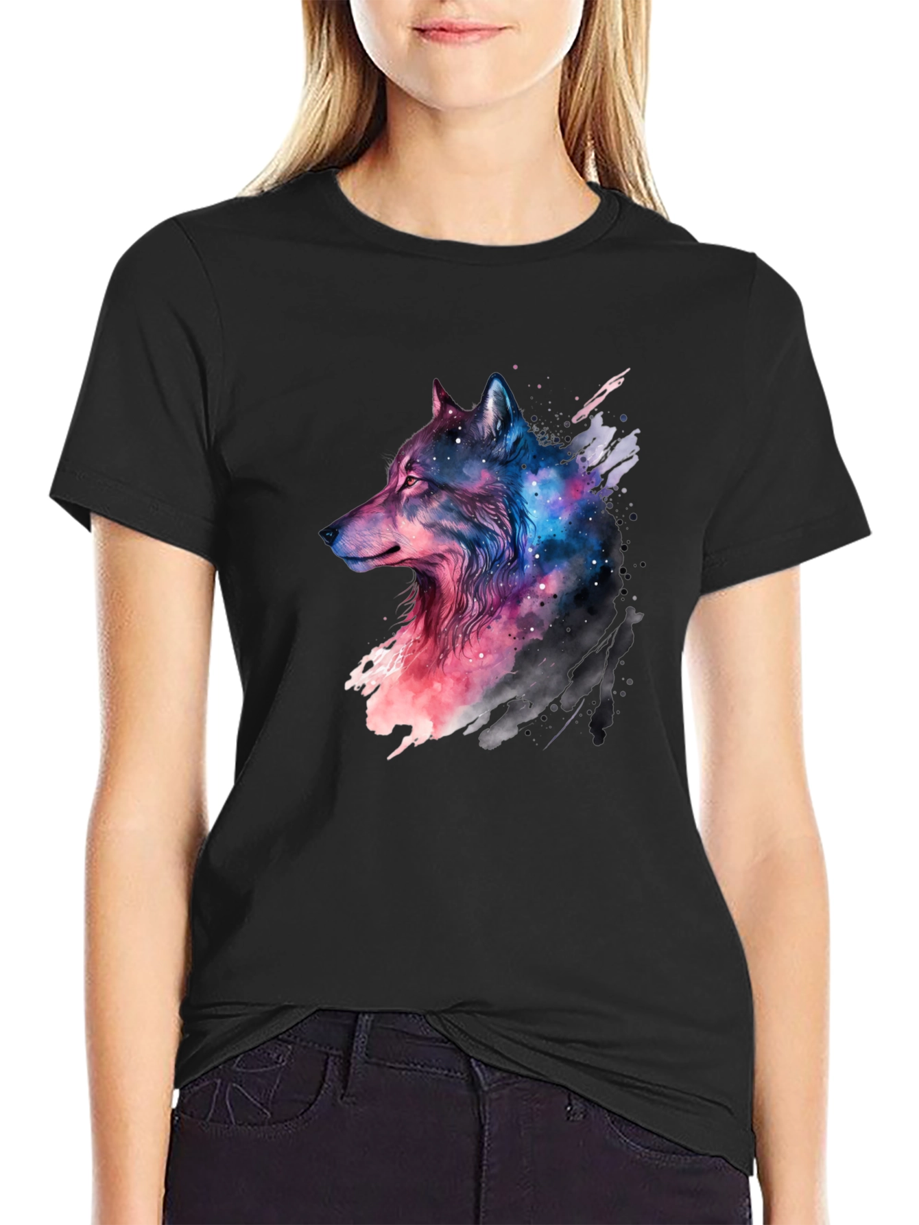 Black Galaxy Wolf Graphic Black T-Shirt view 2