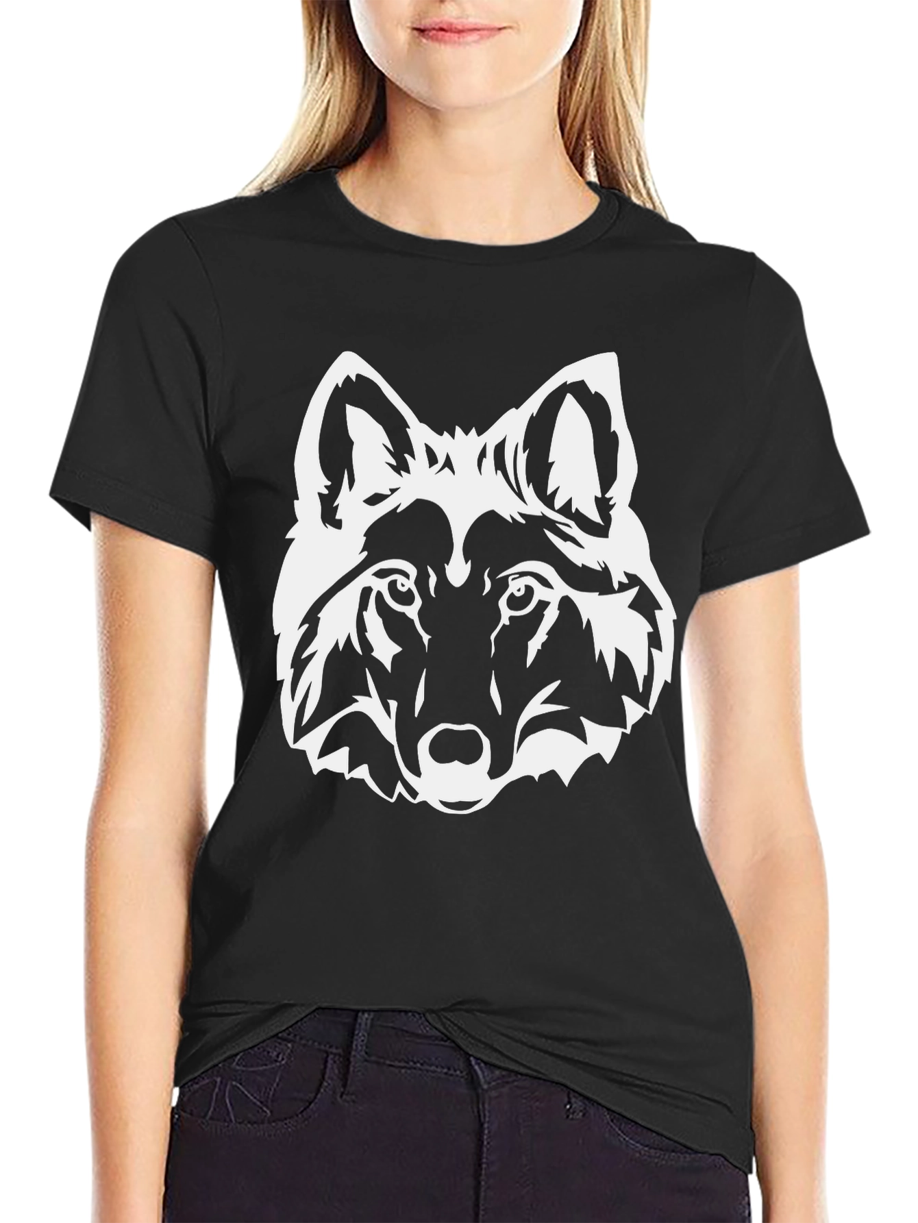Black Black T-Shirt with White Wolf Graphic view 2