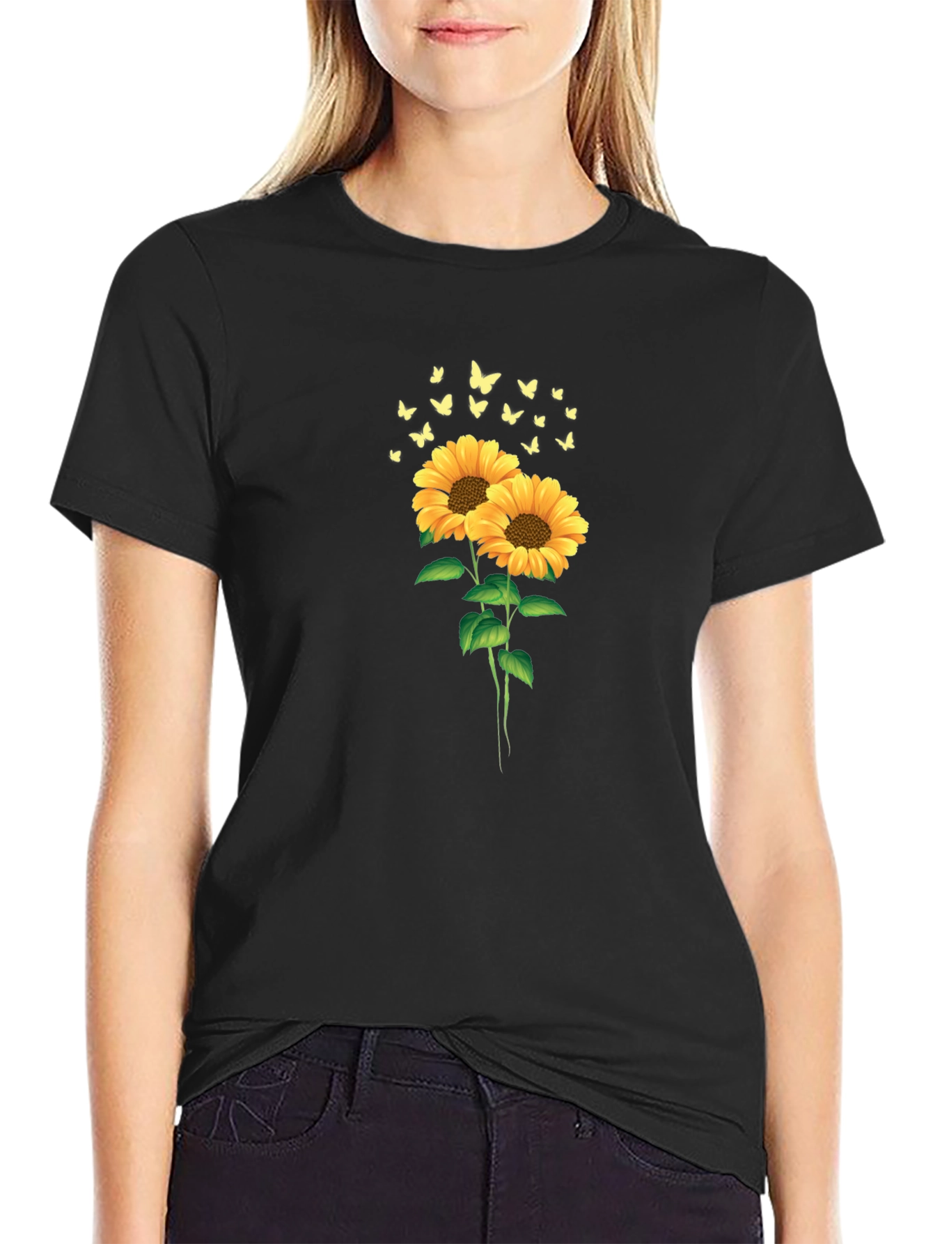 Black Sunflower Butterfly Graphic Tee view 2