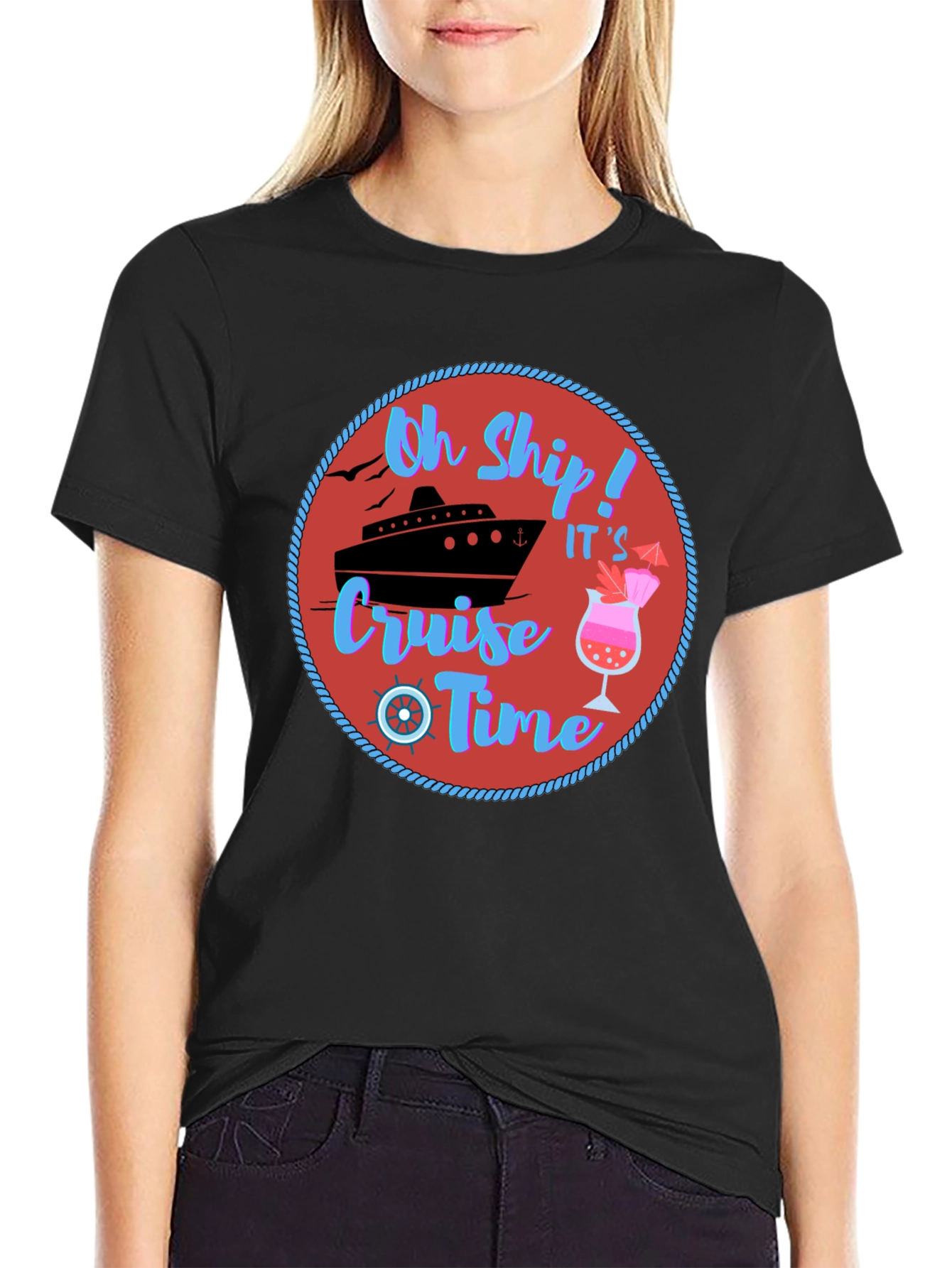 Black Oh Ship Cruise Time T-Shirt - Nautical Vacation Tee view 2