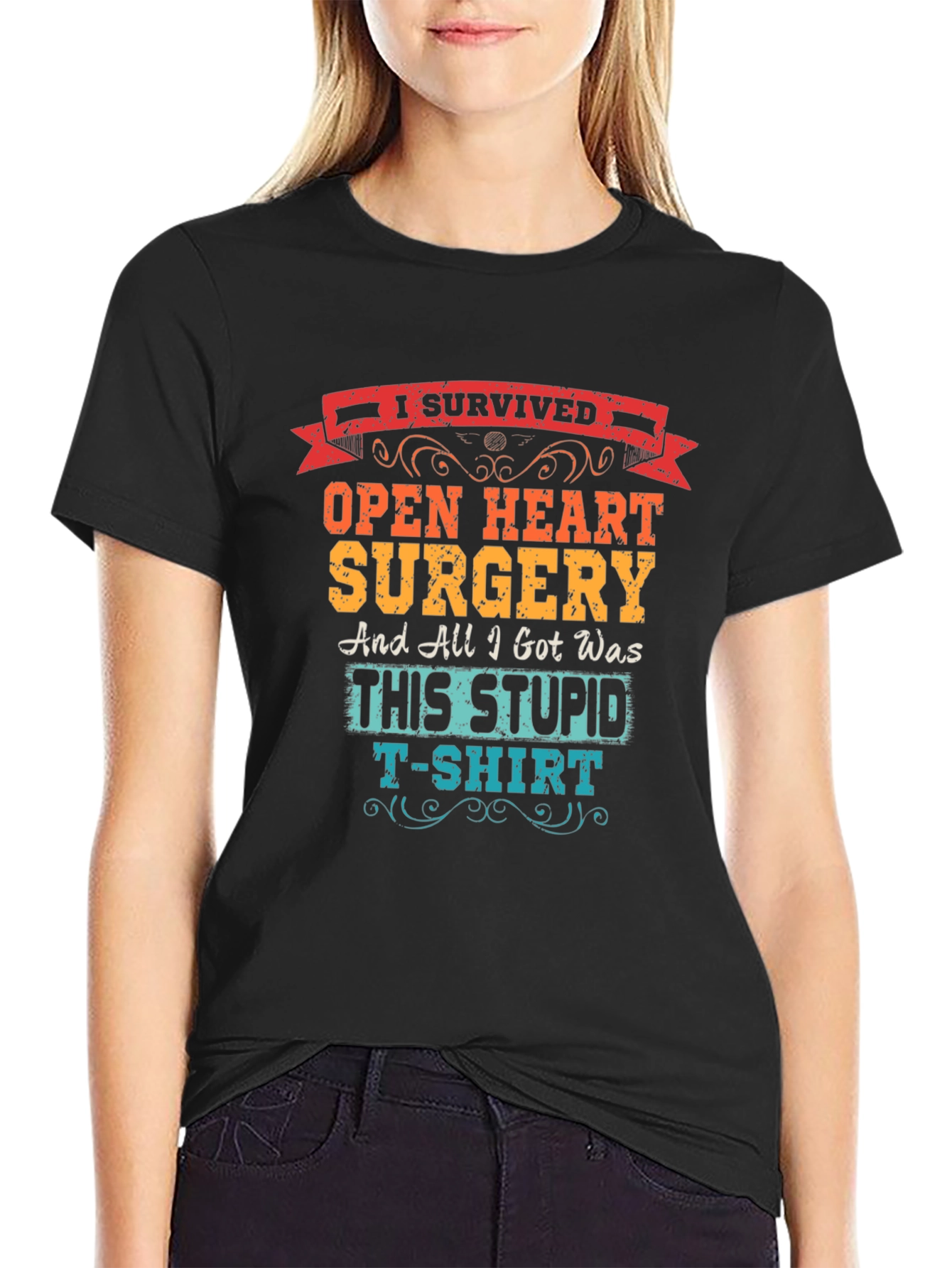 Black I Survived Open Heart Surgery T-Shirt view 2