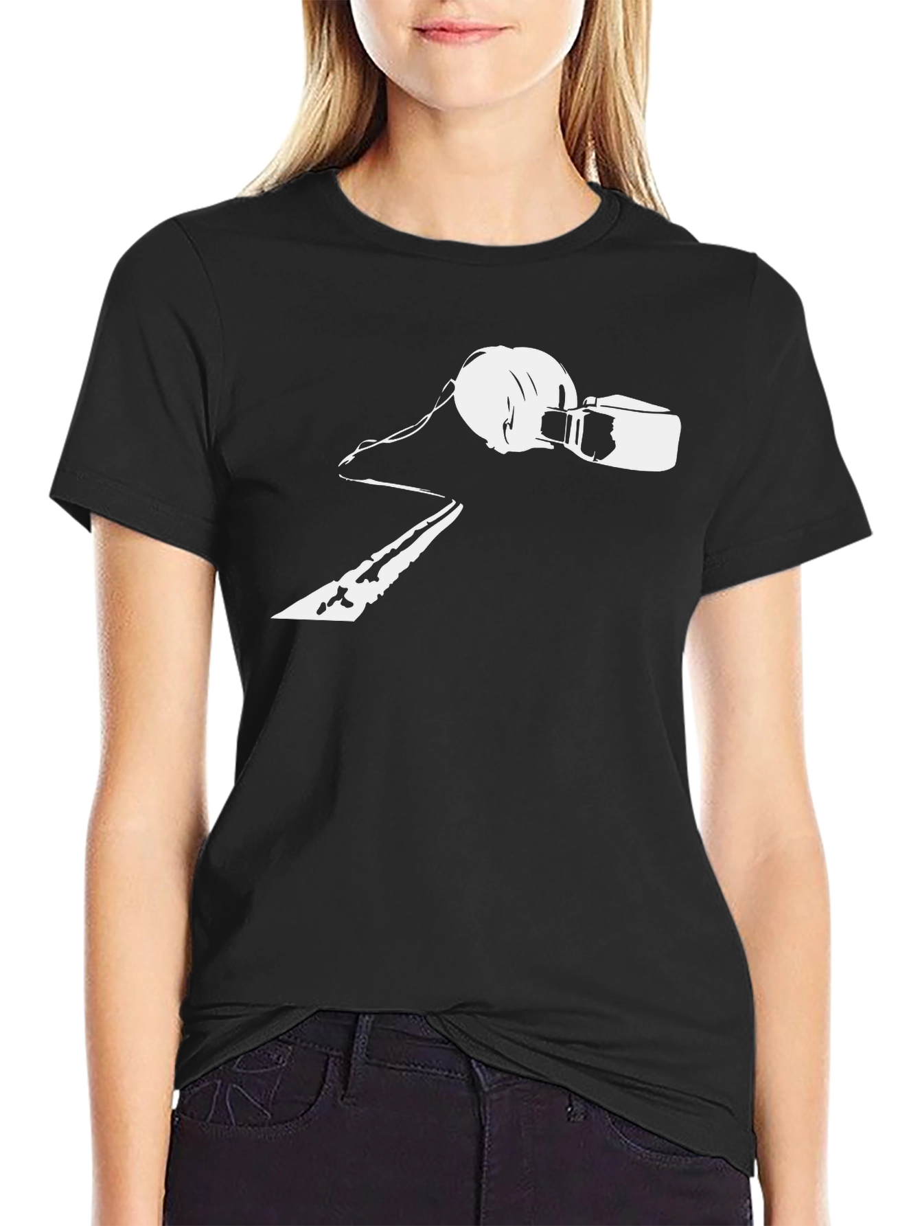 Black Retro Music T-Shirt - DJ Headphones & Cassette Design view 2