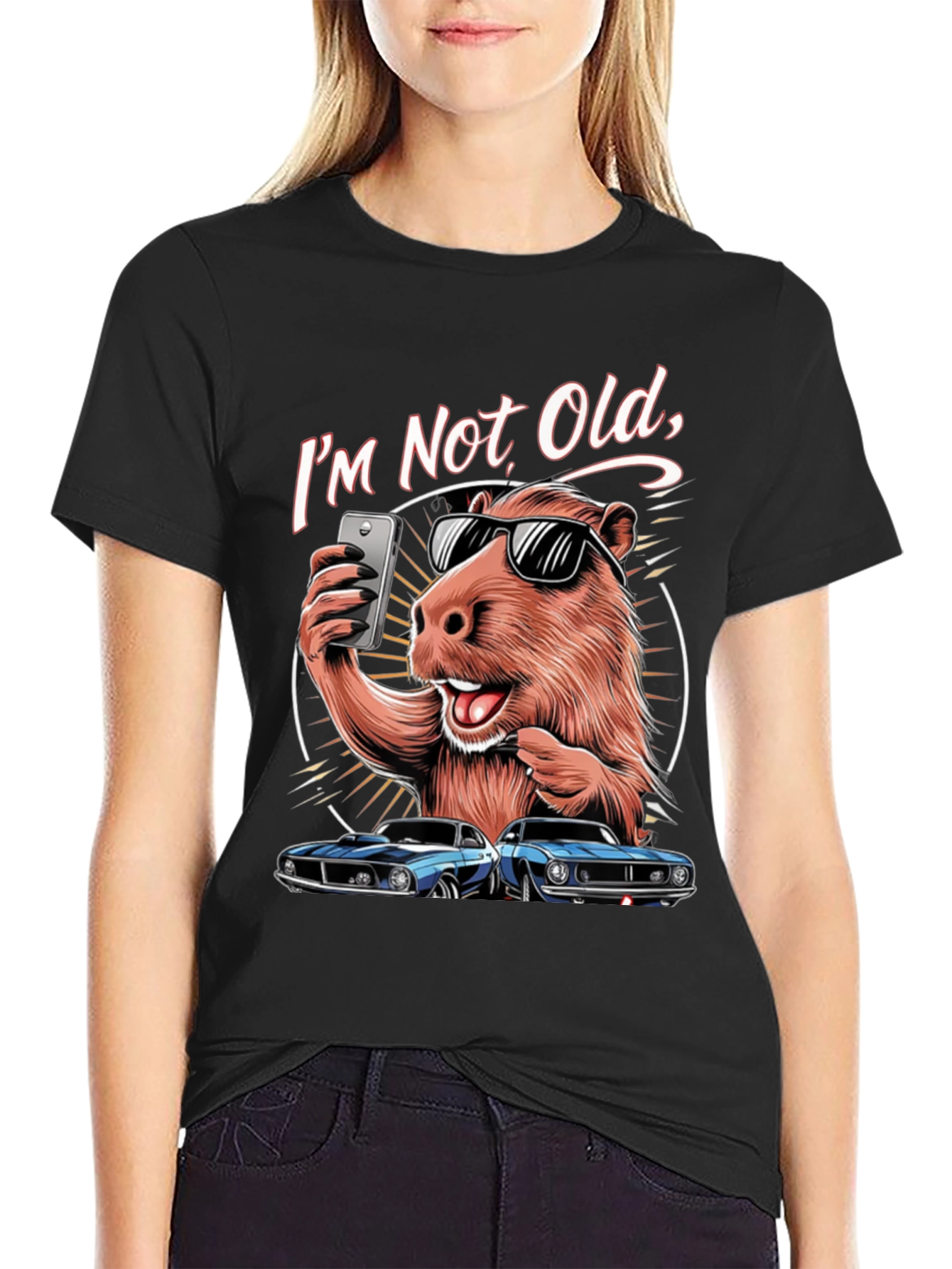 Black I'm Not Old T-Shirt: Capybara Selfie & Classic Car Design view 2
