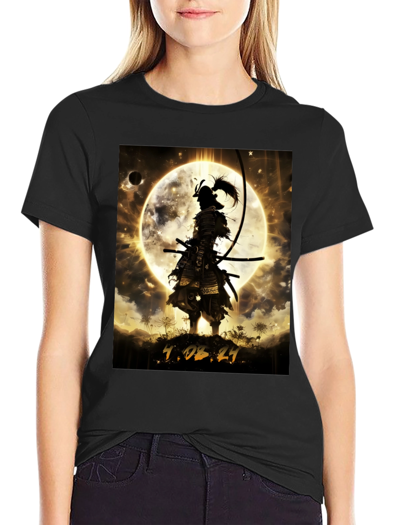 Black Samurai Moon Graphic T-Shirt - Warrior Style view 2