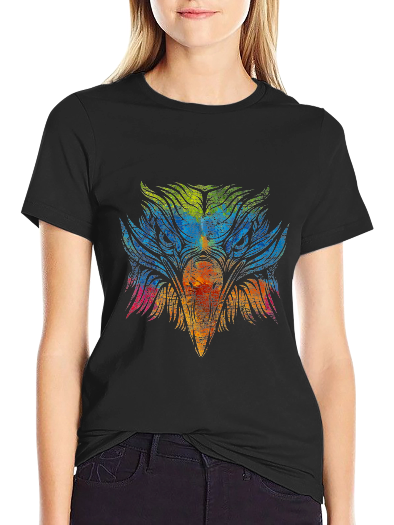 Black Colorful Eagle Graphic T-Shirt view 2