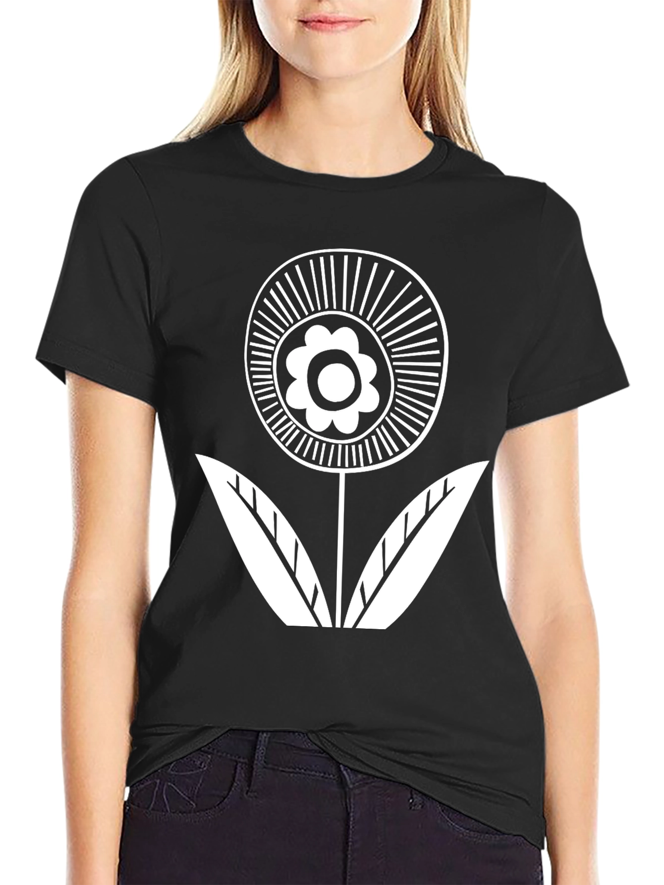 Black Black T-Shirt with White Flower Graphic view 2