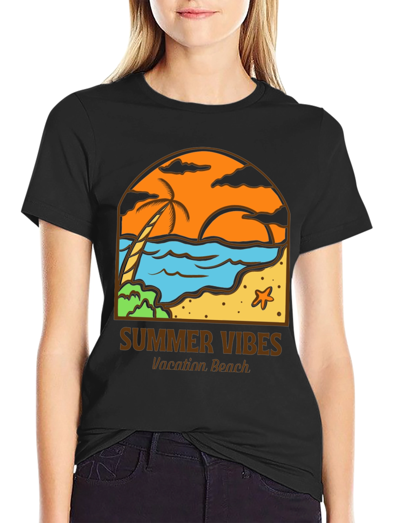 Black Summer Vibes Graphic Tee - Vacation Beach view 2
