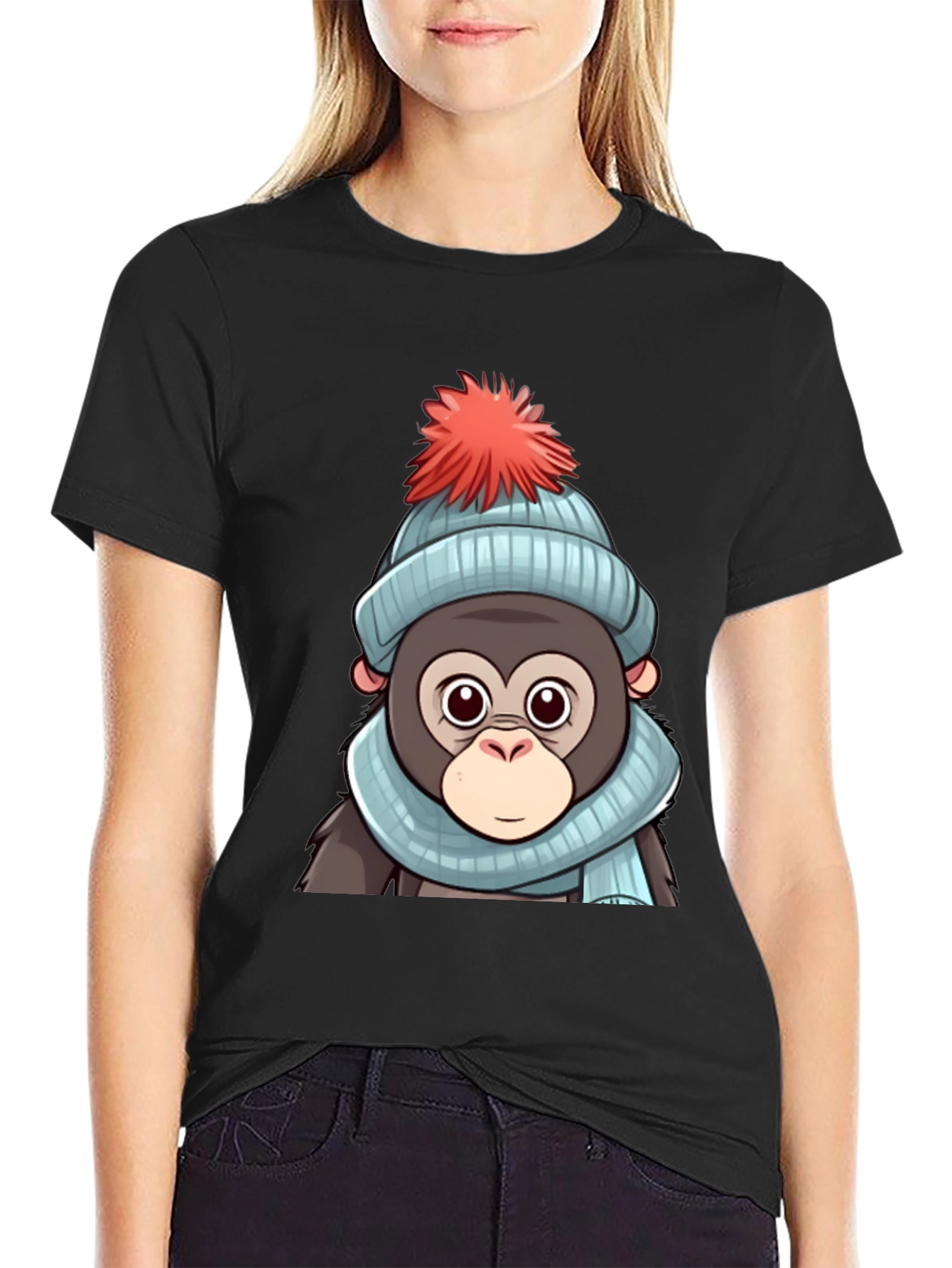 Black Cute Cartoon Monkey in Winter Hat T-Shirt view 2