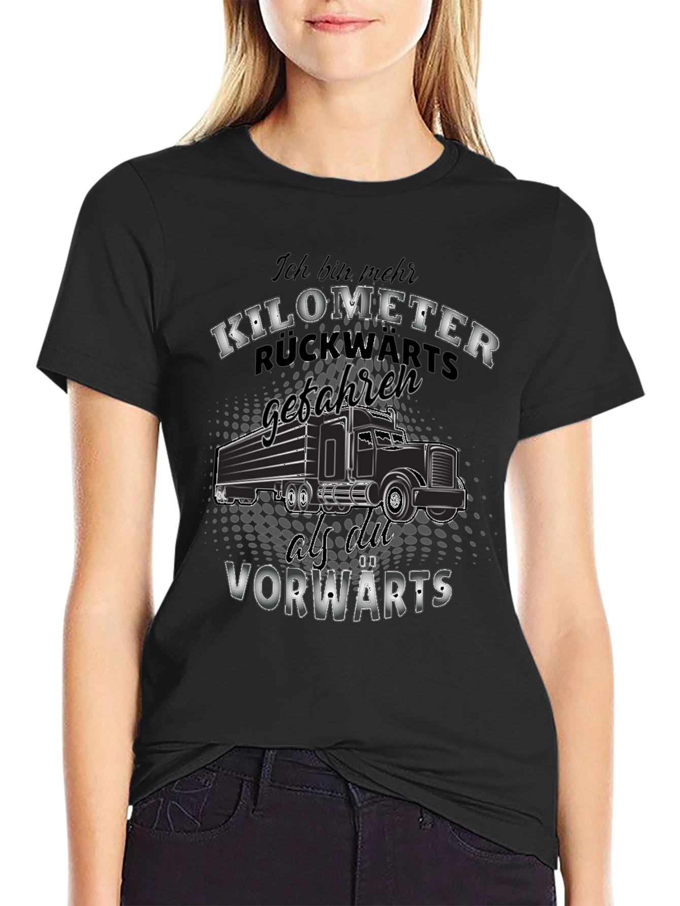 Black Kilometer Trucker Tee - German Humor T-Shirt view 2