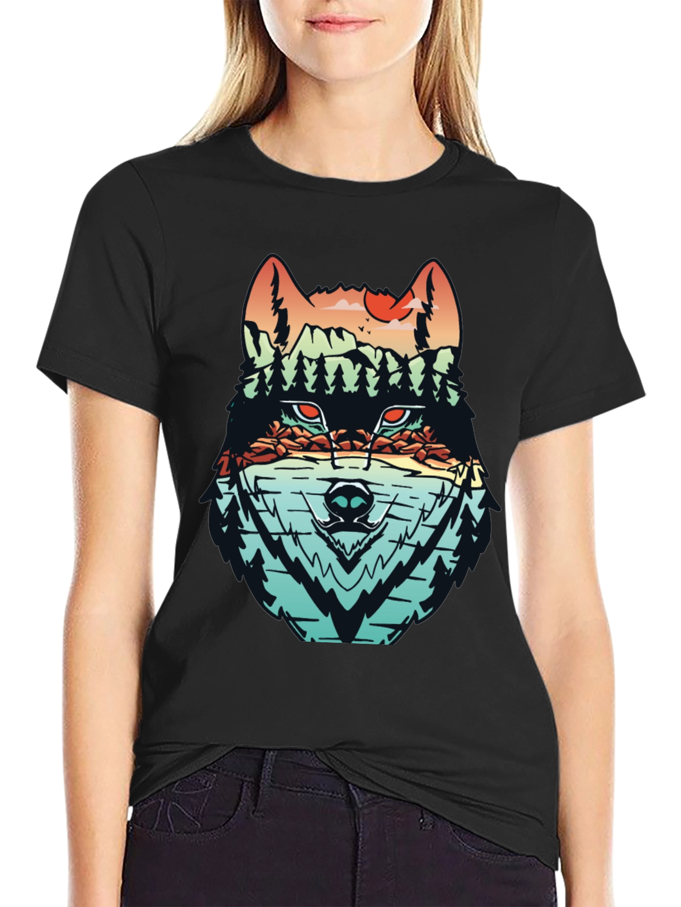 Black Nature Wolf Graphic Tee - Modern Mountainscape Design view 2