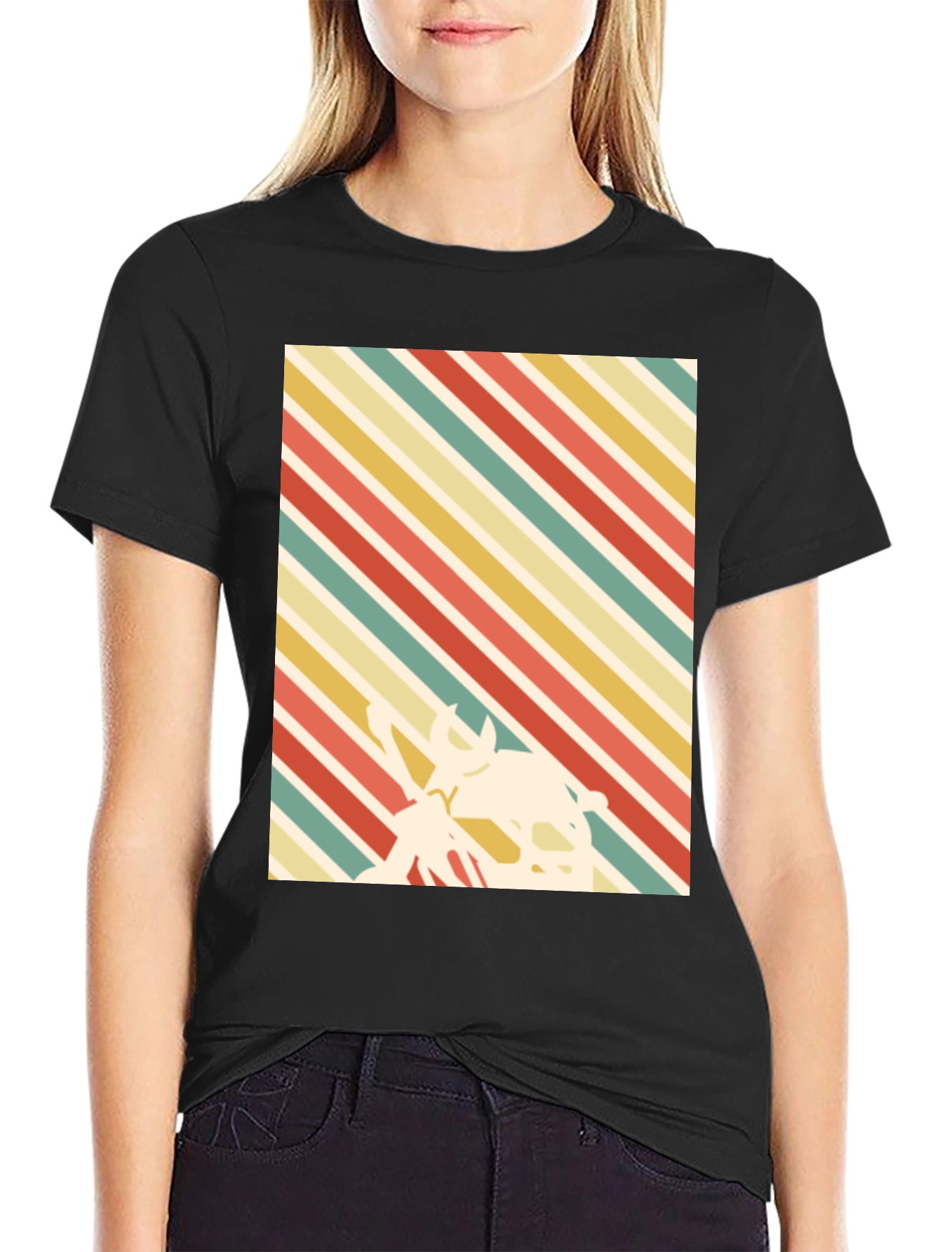 Black Retro Striped T-Shirt with Silhouette Design view 2