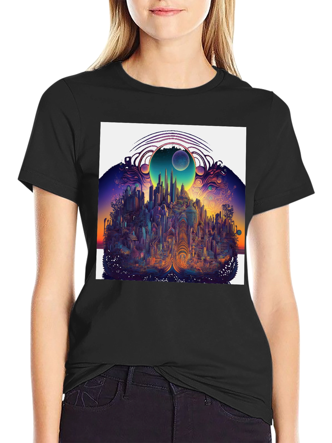 Black Surreal Cityscape Graphic Tee - Unique Black T-Shirt view 2